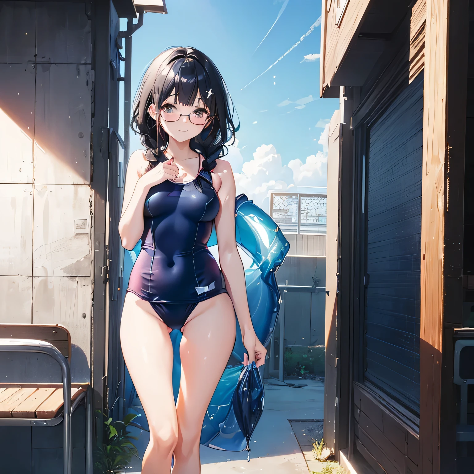 ((masterpiece、highest quality、detailed))、smile,vivid color 、strong sunlight, summer sunshine,8k、Haigress、(Glasses),(beautiful black hair:1.2),(transparent hair, translucent hair:1.5),(silky hair, shiny hair, Braid:1.3),messy hair、(beautiful brown eyes, translucent eyes:1.1)、(school swimsuit, one-pieceswimsuit, blue swimsuit:1.5)、slight smile、mature、very detailed beautiful girl、big breasts、pool,blush,lens flare