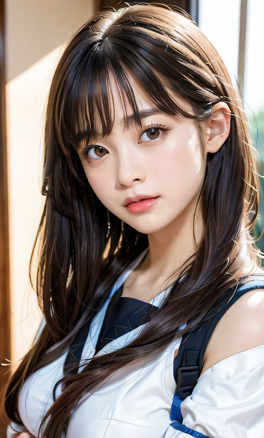 (8K, Raw photo, realistic:1.25) ,( lip gloss, eyelash, shiny face, Glossy skin, highest quality, ultra high resolution, Depth of the bounds written, chromatic aberration, caustics, wide range lighting, natural shading,K-POPアイドル) She looks at the viewer with a calm, goddess-like happiness., high school classroom, sailor suit, mini skirt