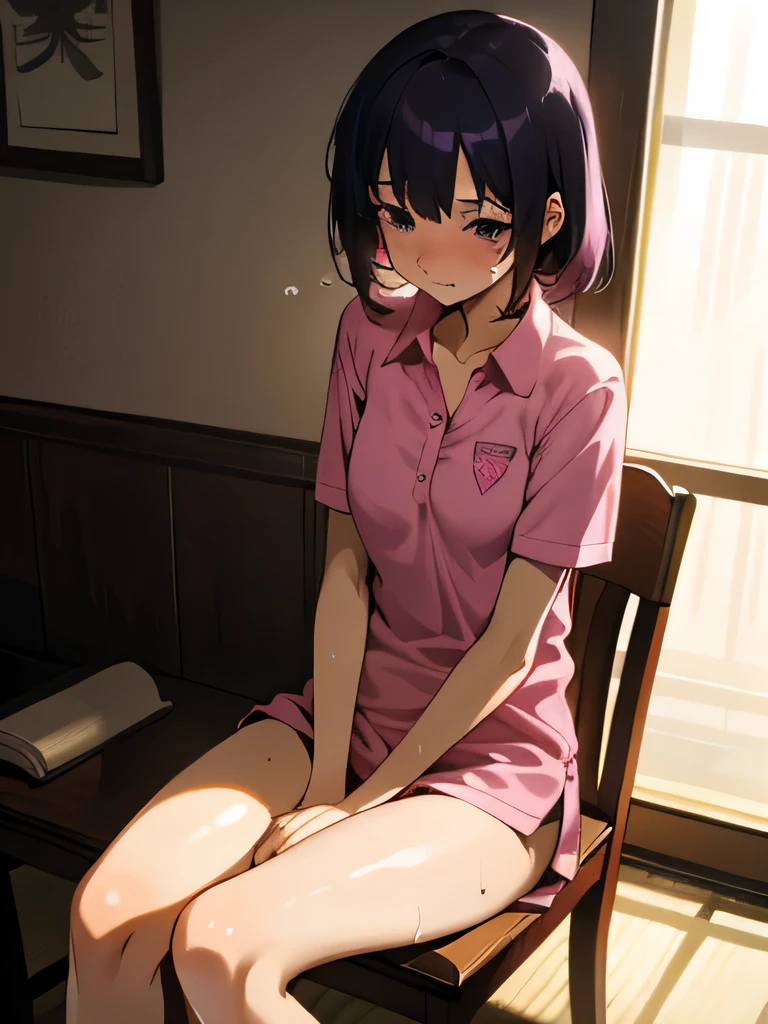 40'Thin magenta polo shirt, no bra, lower body, Japanese, very short, no pubic hair, no panties, beautiful breasts, embarrassed, shy, worried, beautiful breasts, sitting on a chair, wet, legs spread