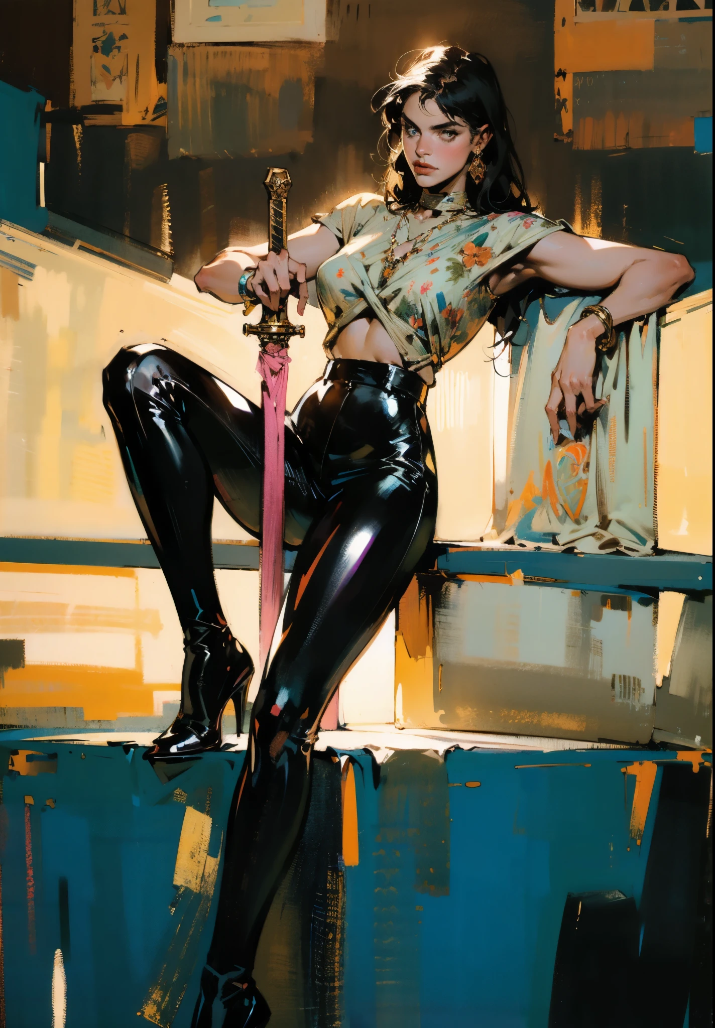 A beautiful woman with long shiny black hair, choppy bangs, a delicate face, a cold proud gaze, a fit figure, a fantasy-style high-necked leather breastplate top, sleeveless, exposes her waist, a bracelet adorns her wrist, tight-fitting leather pants, her right hand holds a longsword with a blue scabbard, she lounges casually sitting, this character embodies a finely crafted fantasy-style bounty hunter in anime style, exquisite and mature manga art style, (Alexandra Daddario:1.2), high definition, best quality, highres, ultra-detailed, ultra-fine painting, extremely delicate, professional, anatomically correct, symmetrical face, extremely detailed eyes and face, high quality eyes, creativity, RAW photo, UHD, 32k, Natural light, cinematic lighting, masterpiece-anatomy-perfect, masterpiece:1.5