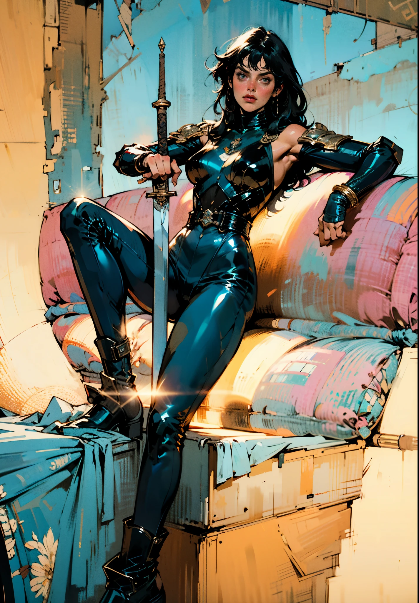 A beautiful woman with long shiny black hair, choppy bangs, a delicate face, a cold proud gaze, a fit figure, a fantasy-style high-necked leather breastplate top, sleeveless, exposes her waist, a bracelet adorns her wrist, tight-fitting leather pants, her right hand holds a longsword with a blue scabbard, she lounges casually sitting, this character embodies a finely crafted fantasy-style bounty hunter in anime style, exquisite and mature manga art style, (Alexandra Daddario:1.2), high definition, best quality, highres, ultra-detailed, ultra-fine painting, extremely delicate, professional, anatomically correct, symmetrical face, extremely detailed eyes and face, high quality eyes, creativity, RAW photo, UHD, 32k, Natural light, cinematic lighting, masterpiece-anatomy-perfect, masterpiece:1.5