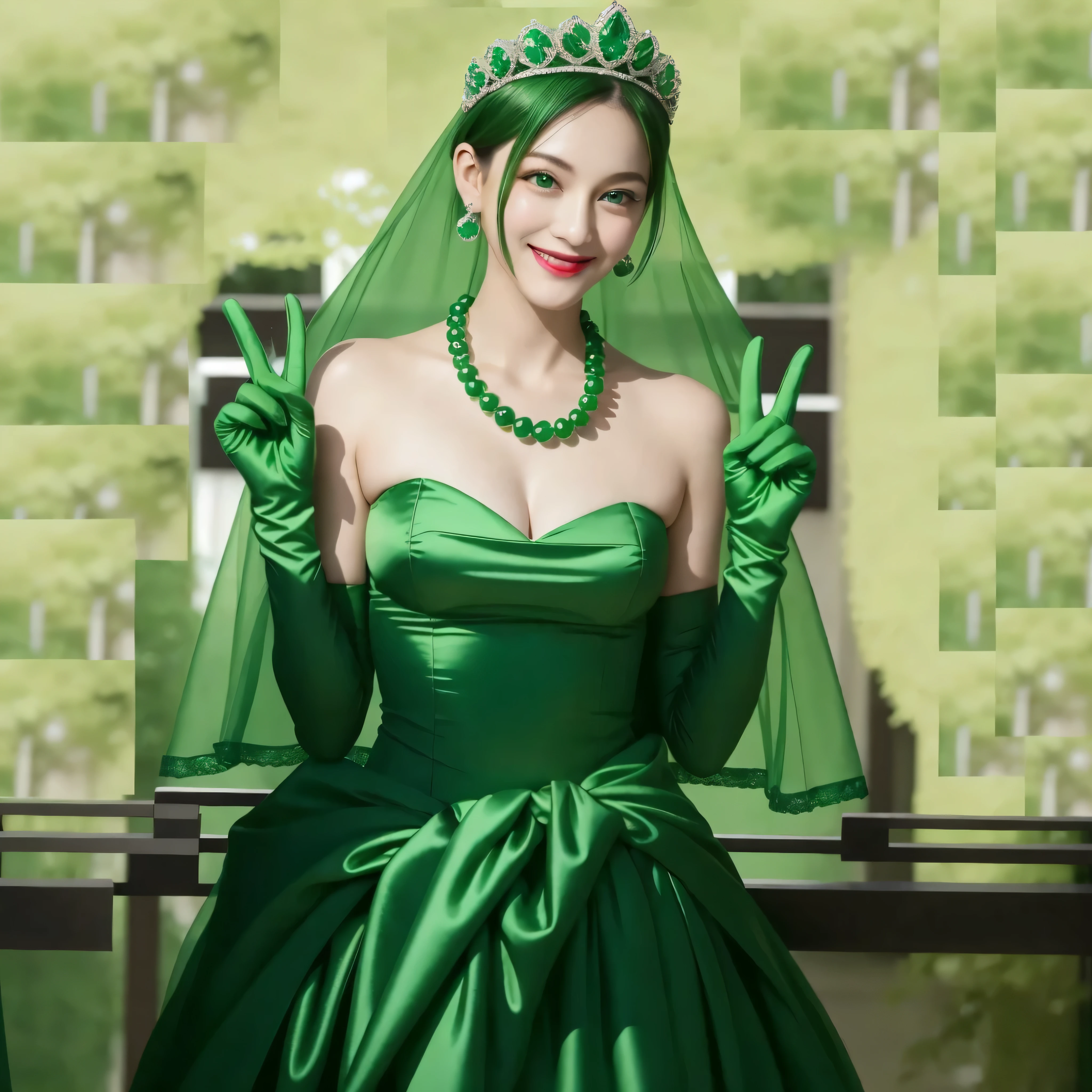 long green elbow satin gloves, emerald tiara, green pearl necklace, Boyish green berry short hair, lipstick, Smiling Japan woman, very short hair, big breasts beautiful, green eyes, Green long gloves made of satin material, green eyes, V sign, emerald earrings, 30 generation women