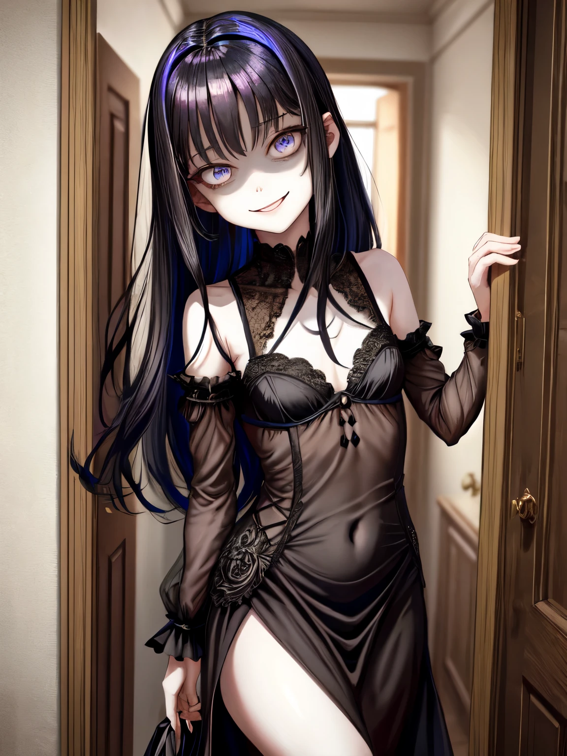 masterpiece, best quality, highres, 1girl, woman, shaded face, creepy smile, doorway, head tilt, small pupils, small iris, black hair, messy hair, bedhair, black dress, dark light, medium breasts, crazy