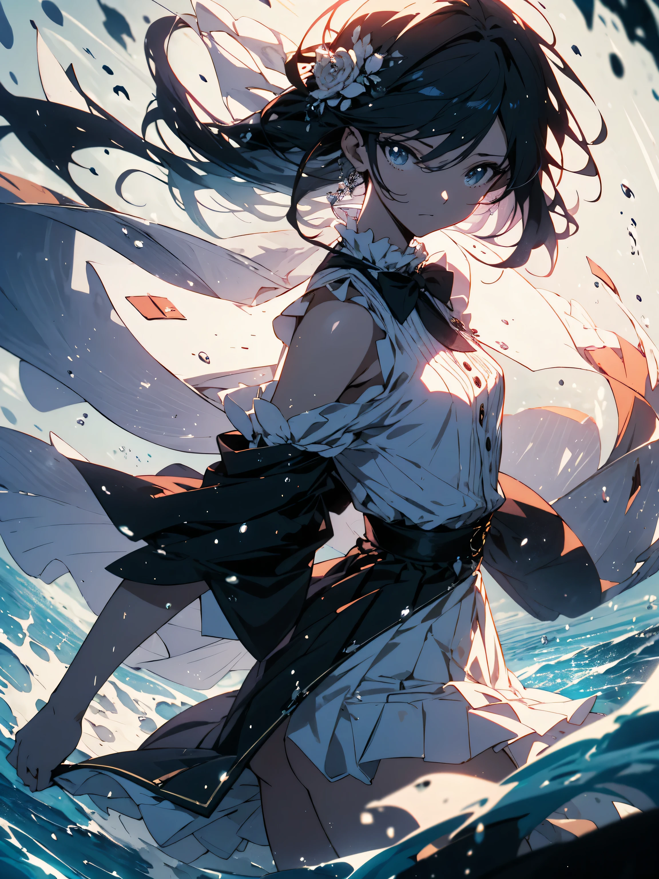 NSFW,((masterpiece)),(((highest quality))),((Super detailed)),((((Anime-like)))),((messy hair)),((frills)),(1 girl),(alone)、smile、((thigh focus))、sex from behind, (((butt focus))),,lipstick,dynamic angle,big sleeves,floating,beautiful detailed sky,beautiful fine water,detailed and beautiful eyes,exposed,(fist),No expression,blunt side bangs,hair between eyes,ribbon,A bow tie,button,bare shoulders,(((small breasts))),fine wet clothes,gaping face,pleated skirt,flowers 、beautiful anime