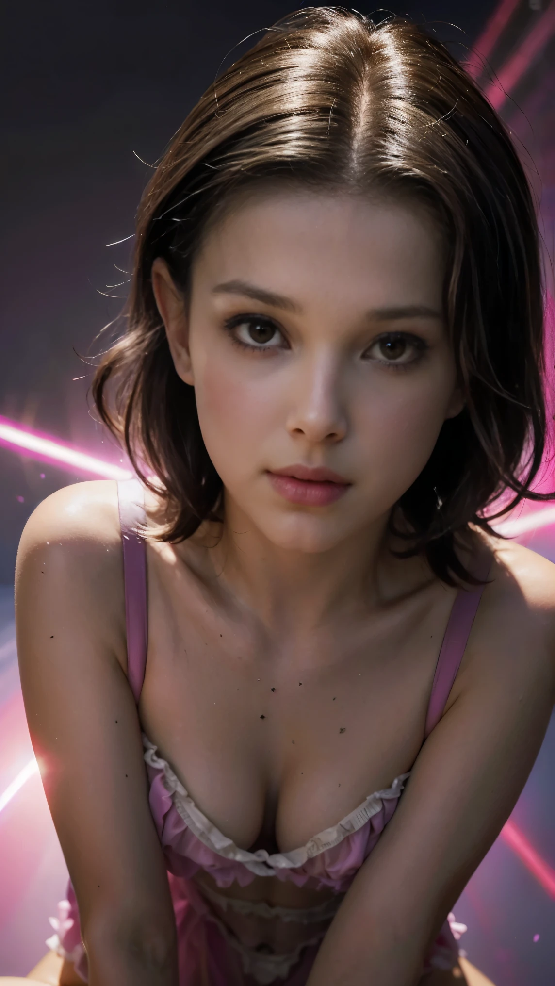 Atom Eve, capa, Volador, pink energy flares boosting it (8K, foto cruda, Mejor calidad, obra maestra:1.2),ultra detallado, (piel muy detallada:1.2), 8K uhd, DSLR, soft lighting, alta calidad, 