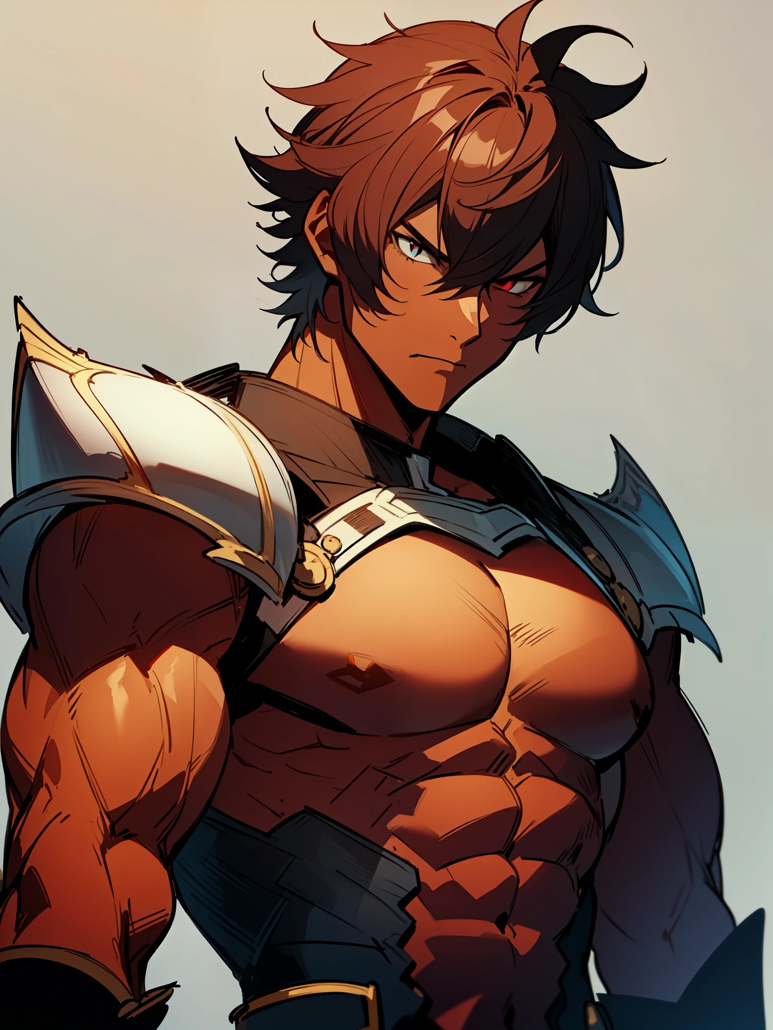 ((dark red hair)), (((dark skin))), (knight (final fantasy), ((serious expression)), ((warrior)), ((armor)), ((fantasy clothing)), ((muscular build)), (((complementary colors))), ((mature male)), 1boy, beautifully drawn, high resolution illustration, best quality, High definition, ((detailed anime sketch)), Masterpiece, (solo), absurdres, portrait, ((upper body)), ((wild hair)), detailed background, fine detail, male focus, HDR, ((short hair)),