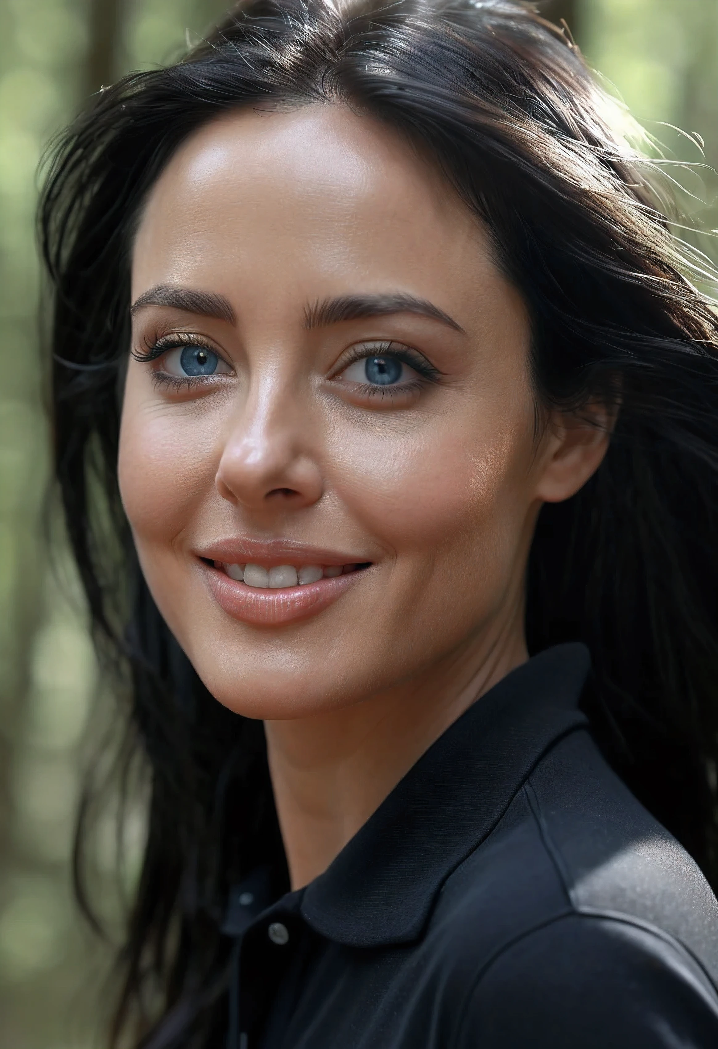 /imagine prompt: 150 cute beautiful dark hair girl wearing a tight black pants and tight black polo shirt, nipples is hard (walking in the forest), very detailed, 26 years old, innocent face, natural wave hair, blue eyes, clean skin, no tattoos, high-res, Masterpiece, absurdres, award winning photo, extremely detailed, amazing, fine detail, extremely detailed eyes and face, best quality, intricate details, highly detailed, sharp focus, detailed skin, realistic skin texture, texture, detailed eyes, professional, 4k, charmer smile, shot on Canon, 85mm,shallow depth of field, Kodak vision color, perfect fit body, extremely detailed, photo_\(ultra\), photorealistic, realistic, post-processing, max detail, roughness, real life, ultra realistic, photorealism, photography, 8k uhd, photography (film grain) medium shot to close up shot happy smiling atmospheric day lighting, beautiful itd_woman, black hair,perfect itd_face, perfect itd_body,Monica Belluci, Angelina Jolie