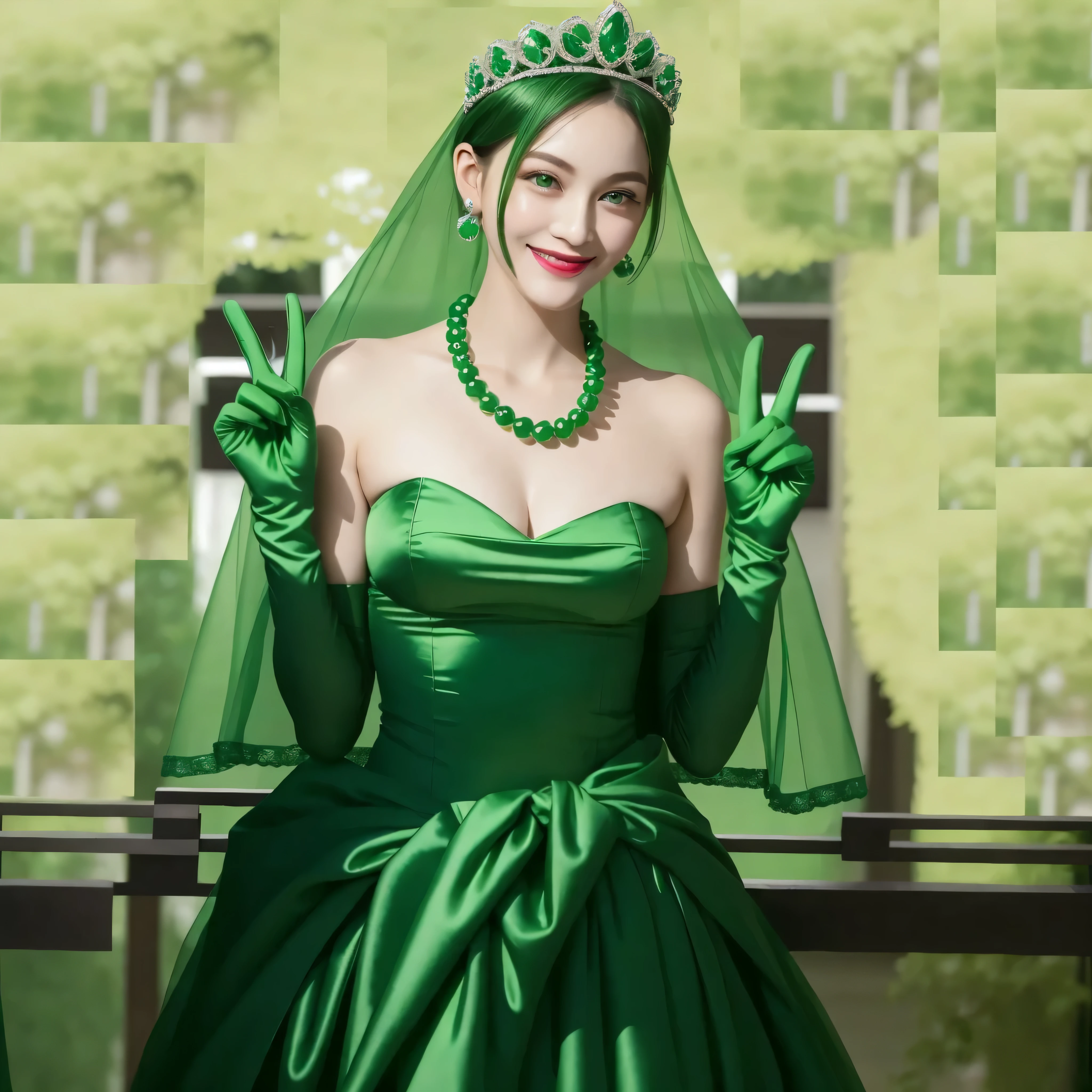 long green elbow satin gloves, emerald tiara, green pearl necklace, Boyish green berry short hair, lipstick, Smiling Japan woman, very short hair, big breasts beautiful, green eyes, Green long gloves made of satin material, green eyes, V sign, emerald earrings, 30 generation women