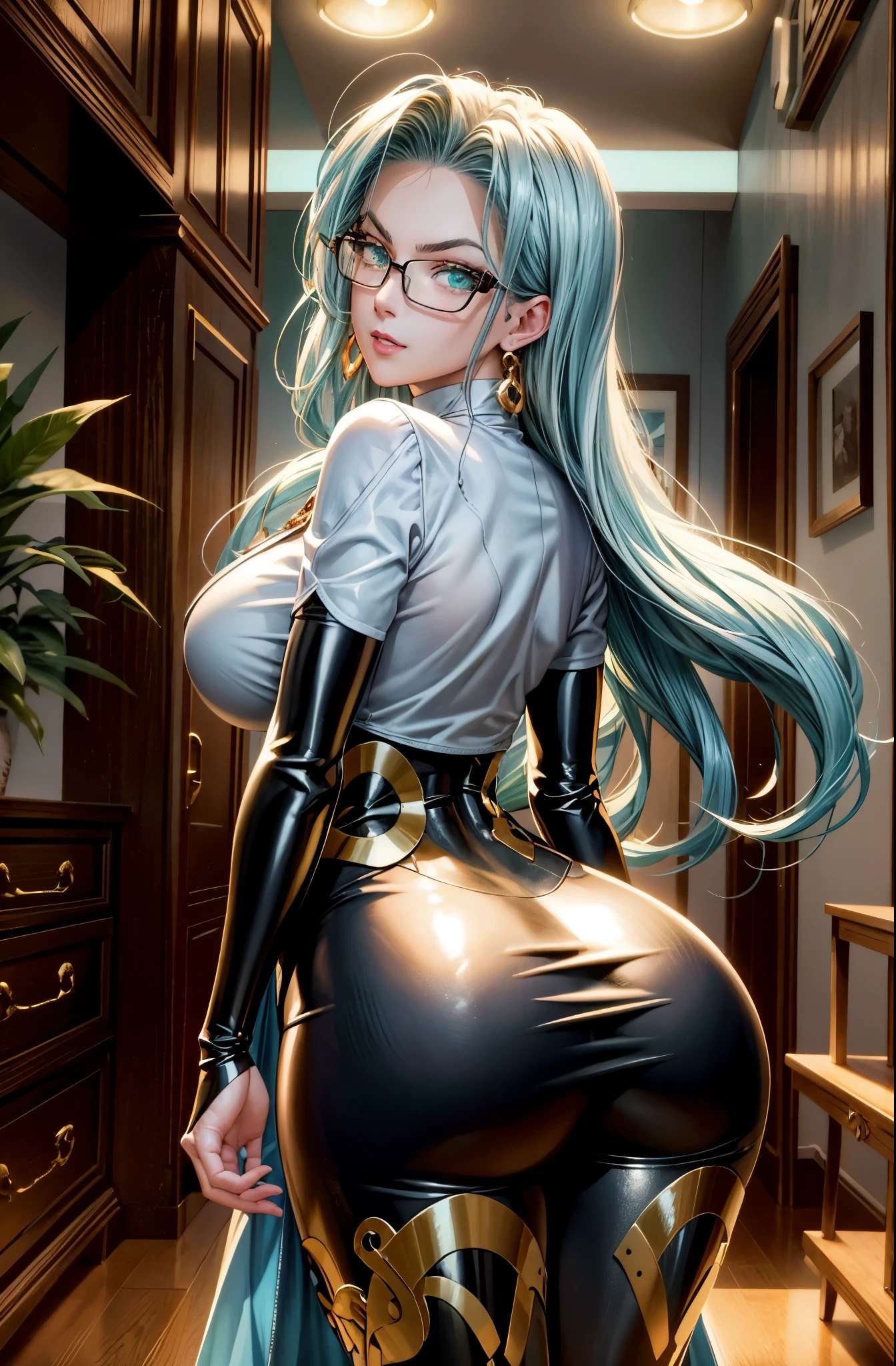 anime - style image of a woman in a tight black latex outfit, extremely detailed artgerm, fanart best artstation, 8k high quality detailed art, smooth anime cg art, deviantart artstation cgscosiety, style artgerm, seductive anime girl, pixiv 3dcg, commission for high res, trending on artstation pixivanime girl in latex outfit posing in a hallway, extremely detailed artgerm, style artgerm, fanart best artstation, 8k high quality detailed art, krenz cushart and artgerm, ig model | artgerm, artgerm julie bell beeple, artgerm on artstation pixiv, masterpiece, best quality, psykos, aqua hair, glasses, earrings, white dress, underbust, bridal gauntlets, huge breasts, cowboy shot, looking at viewer, furrowed brow, grin, blue sky, clouds, cityscape