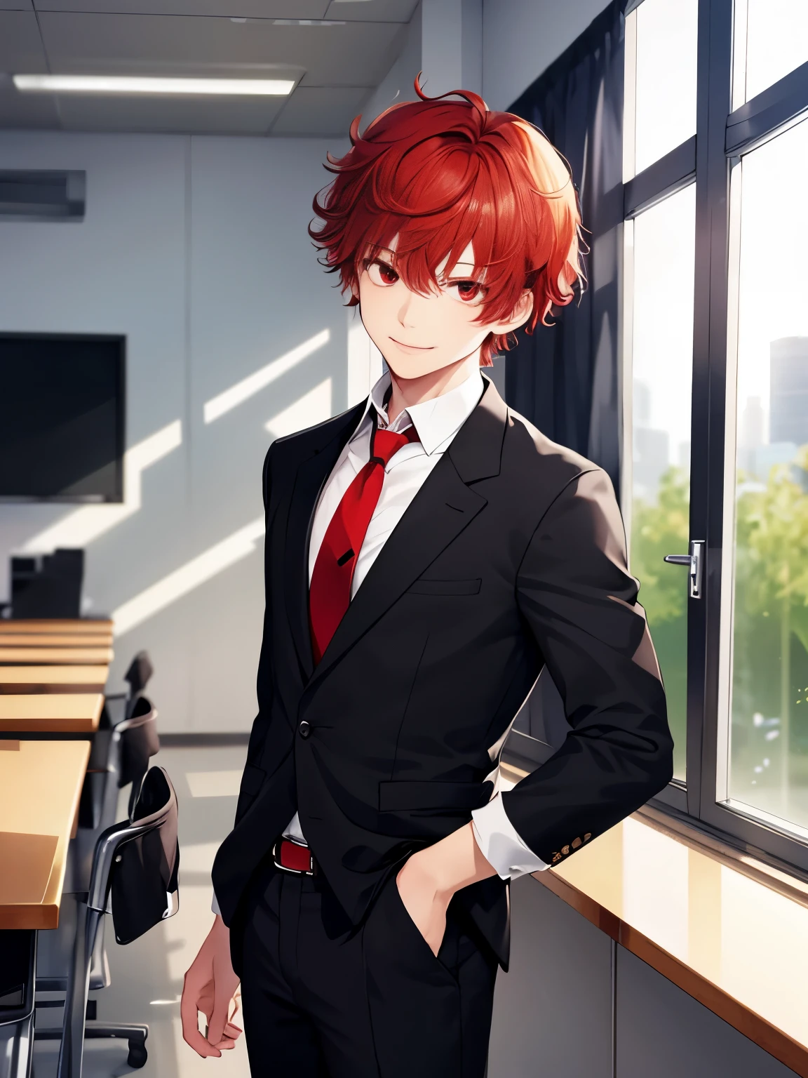 1boy, cool style,looking at viewer,standing in class,handsome,slight smile,Red hair, red eyes, curly hair, short hair, pixie cut hairstyle,black shirt, black trousers, red tie