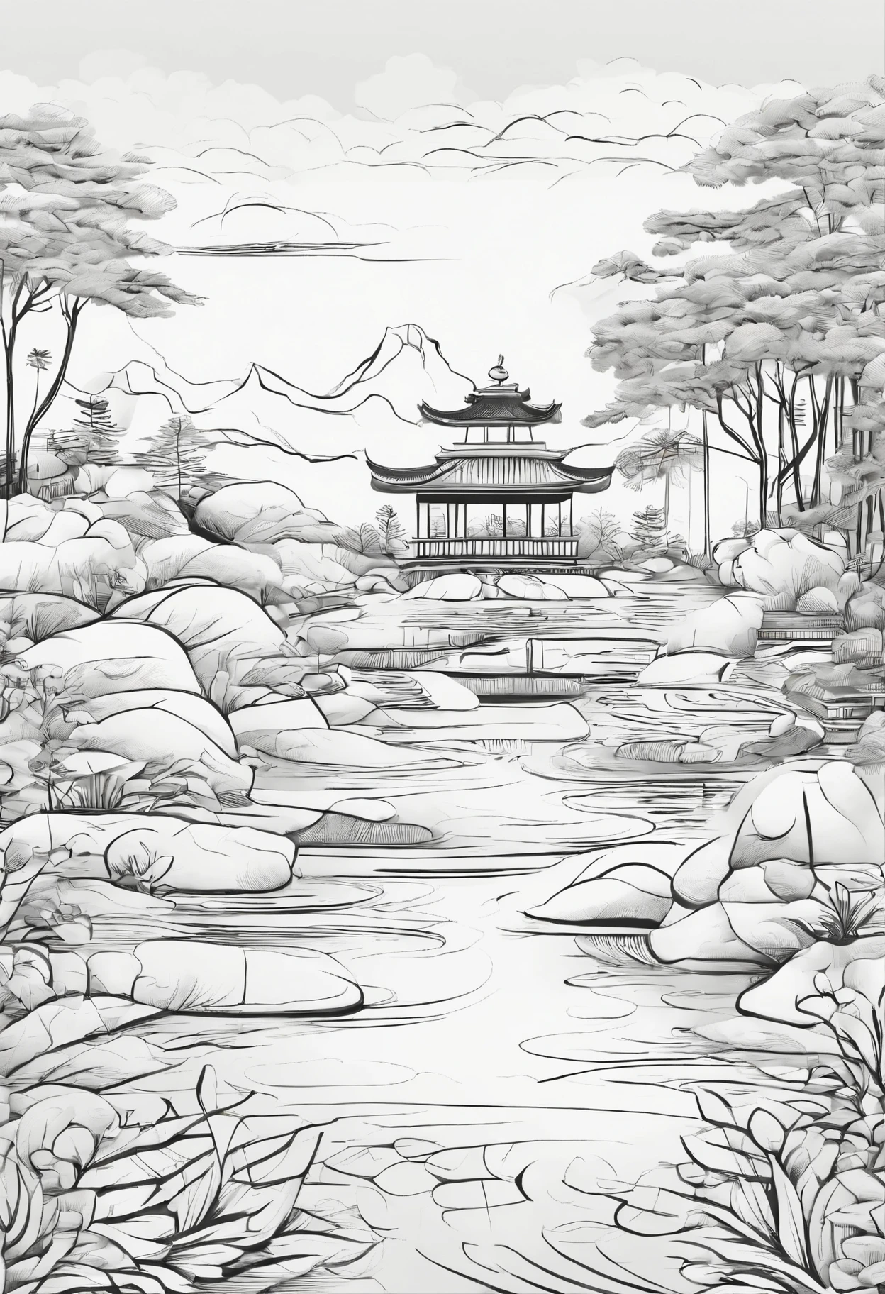 Zen Garden Retreat: Illustrate a peaceful Zen garden with raked sand patterns, stepping stones, koi ponds, and bamboo groves. Add intricate details to the garden elements to encourage mindfulness and relaxation.