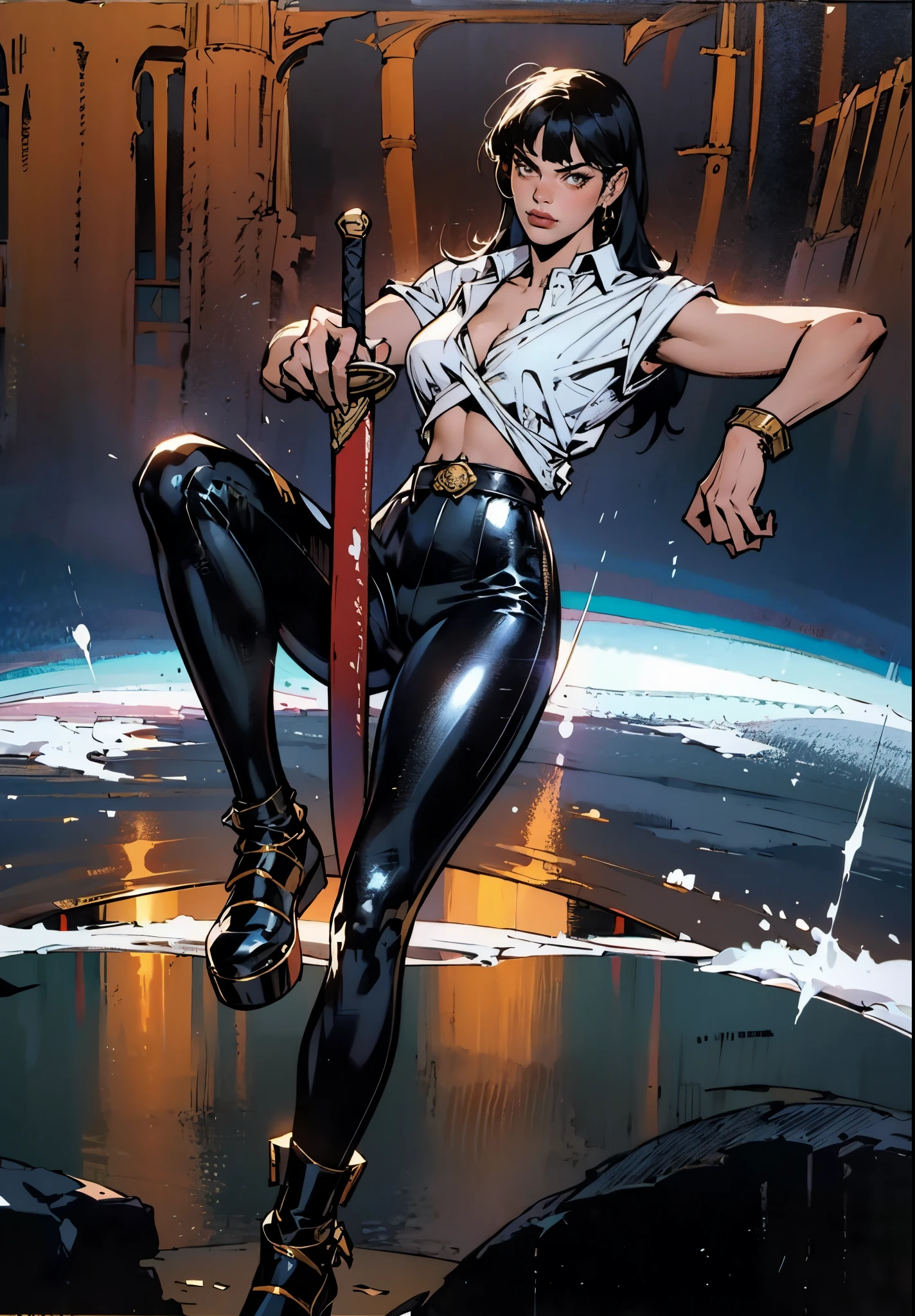 A beautiful woman with long shiny black hair, choppy bangs, a delicate face, a cold proud gaze, a fit figure, a fantasy-style high-necked leather breastplate top, sleeveless, exposes her waist, a bracelet adorns her wrist, tight-fitting leather pants, her right hand holds a longsword with a blue scabbard, she lounges casually sitting, this character embodies a finely crafted fantasy-style bounty hunter in anime style, exquisite and mature manga art style, (Alexandra Daddario:1.2), high definition, best quality, highres, ultra-detailed, ultra-fine painting, extremely delicate, professional, anatomically correct, symmetrical face, extremely detailed eyes and face, high quality eyes, creativity, RAW photo, UHD, 32k, Natural light, cinematic lighting, masterpiece-anatomy-perfect, masterpiece:1.5