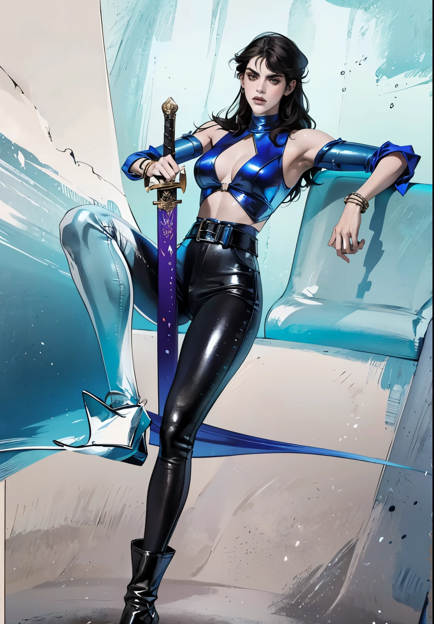 A beautiful woman with long shiny black hair, choppy bangs, a delicate face, a cold proud gaze, a fit figure, a fantasy-style high-necked leather breastplate top, sleeveless, exposes her waist, a bracelet adorns her wrist, tight-fitting leather pants, her right hand holds a longsword with a blue scabbard, she lounges casually sitting, this character embodies a finely crafted fantasy-style bounty hunter in anime style, exquisite and mature manga art style, (Alexandra Daddario:1.2), high definition, best quality, highres, ultra-detailed, ultra-fine painting, extremely delicate, professional, anatomically correct, symmetrical face, extremely detailed eyes and face, high quality eyes, creativity, RAW photo, UHD, 32k, Natural light, cinematic lighting, masterpiece-anatomy-perfect, masterpiece:1.5