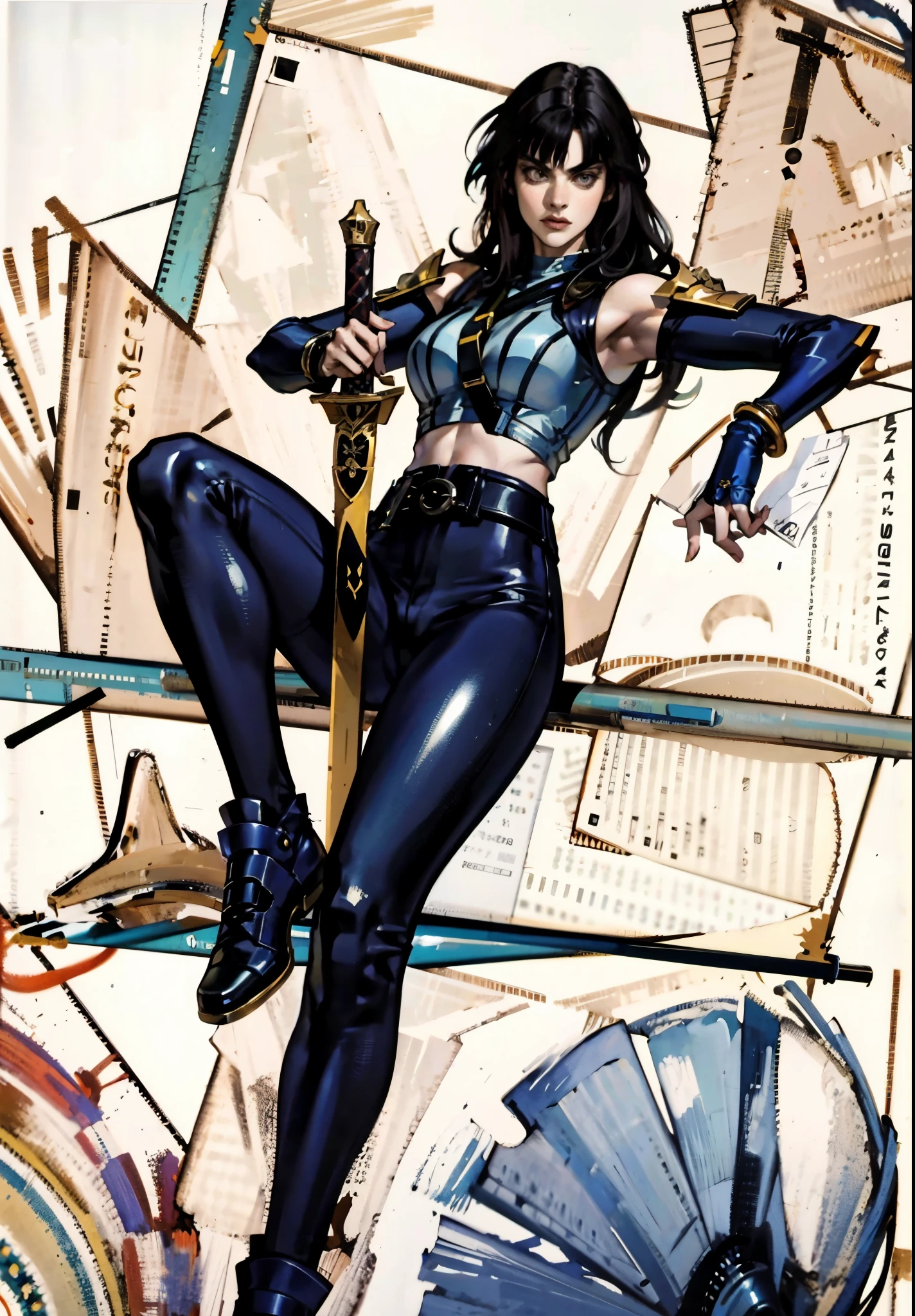 A beautiful woman with long shiny black hair, choppy bangs, a delicate face, a cold proud gaze, a fit figure, a fantasy-style high-necked leather breastplate top, sleeveless, exposes her waist, a bracelet adorns her wrist, tight-fitting leather pants, her right hand holds a longsword with a blue scabbard, she lounges casually sitting, this character embodies a finely crafted fantasy-style bounty hunter in anime style, exquisite and mature manga art style, (Alexandra Daddario:1.2), high definition, best quality, highres, ultra-detailed, ultra-fine painting, extremely delicate, professional, anatomically correct, symmetrical face, extremely detailed eyes and face, high quality eyes, creativity, RAW photo, UHD, 32k, Natural light, cinematic lighting, masterpiece-anatomy-perfect, masterpiece:1.5