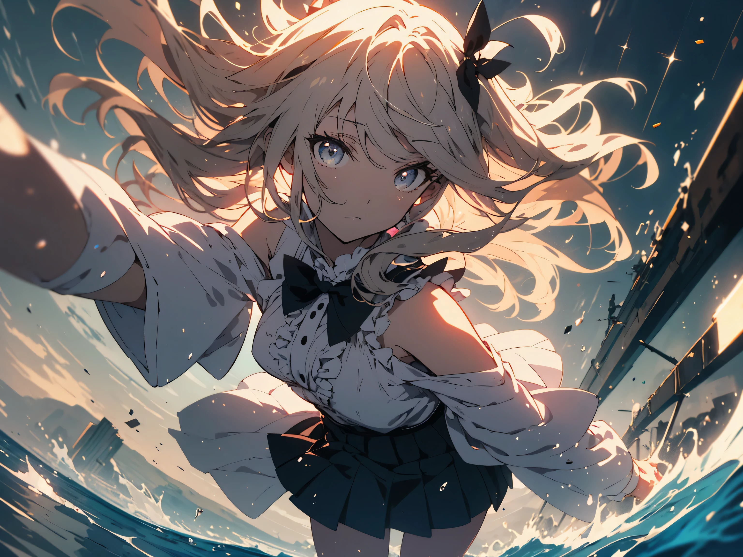 NSFW,((masterpiece)),(((highest quality))),((Super detailed)),((((anime-like)))),((messy hair)),((frills)),(1 girl),(alone),sex from behind, (((butt focus))),,lipstick,dynamic angle,big top sleeves,floating,beautiful detailed sky,beautiful detailed water,beautiful detailed eyes,exposed exposed,(fist),No expression,blunt side bangs,hair between eyes,ribbon,A bow tie,button,bare shoulders,(((small breasts))),Detailed wet clothes,gaping face,pleated skirt,flowers 、beautiful anime