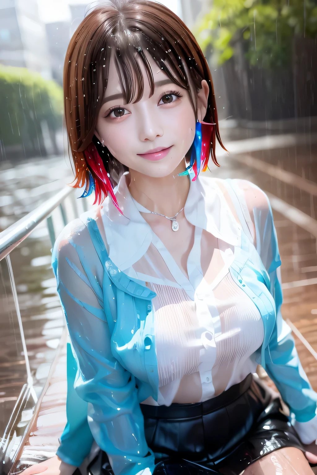 High school girl alone in the rain、smile、smiling face、blush、(((Girls' soaked in the rain:1.3)))、(white shirt soaked in the rain、A dark blue blazer soaked in the rain、ribbon tie、Frilled miniskirt soaked in the rain、)、((sit on the school stairs))、Look at the audience and smile、big and full breasts、transparent、thin, High school girl emphasizing her chest、Floral、hairpin、necklace、earrings、lean forward、Depth of written boundary、pointed red mouth、reddish brown wet shiny short hair,(((colorful hair nape)))、red mouth,black eye、clavicle、beautiful fingers、Hourglass body wet in the rain、Full body portrait wet in the rain、stretch your chest and relax、Cute face wet from the rain、digital illustration, (Photoreal:1.3),(Raw photo.), (table top,highest quality,Ultra high resolution output image,) (8K quality,),(Image mode Ultra HD,),(Image mode Ultra HD)、