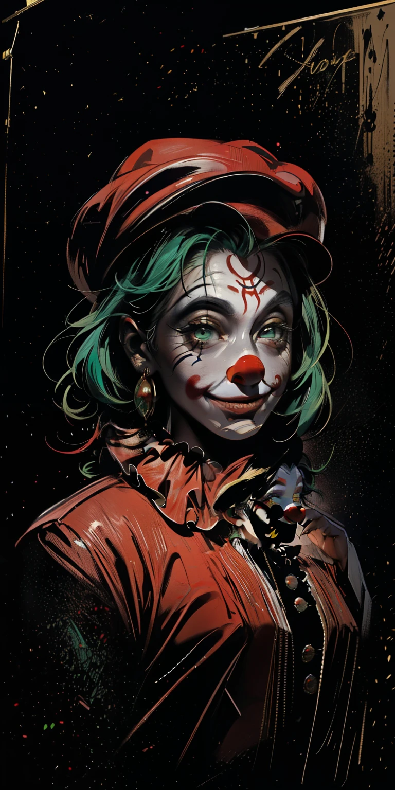 painting of a clown with a red hat and green hair, portrait of clown, portrait of a clown, portrait of the clown, clown, Martin then portrait of artwork, the clown, clown smile, cavalo michael (Motor irreal, foto de retrato, arte dc, clown, capitalist clown, epic portrait illustration, from clown (2019)