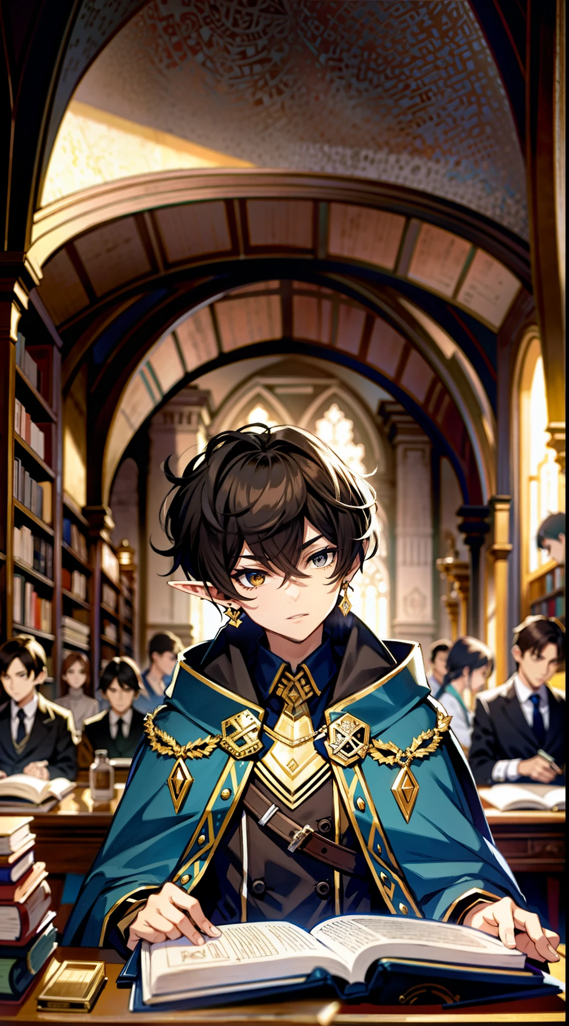 elf boy, expression of doubt, brown hair, brown eyes, emerald green and navy blue cape with gold details, sitting at a desk studying a grimoire, magic school library, People in the background, tachi-e, fashionable, outfit, posing, front, colorful, dynamic, background, elements, confident, expression, holding, statement, accessory, coiled, around, scene, text, cover, attention-grabbing, title, stylish, catchy, headline, larger, striking, modern, focus, fashion
