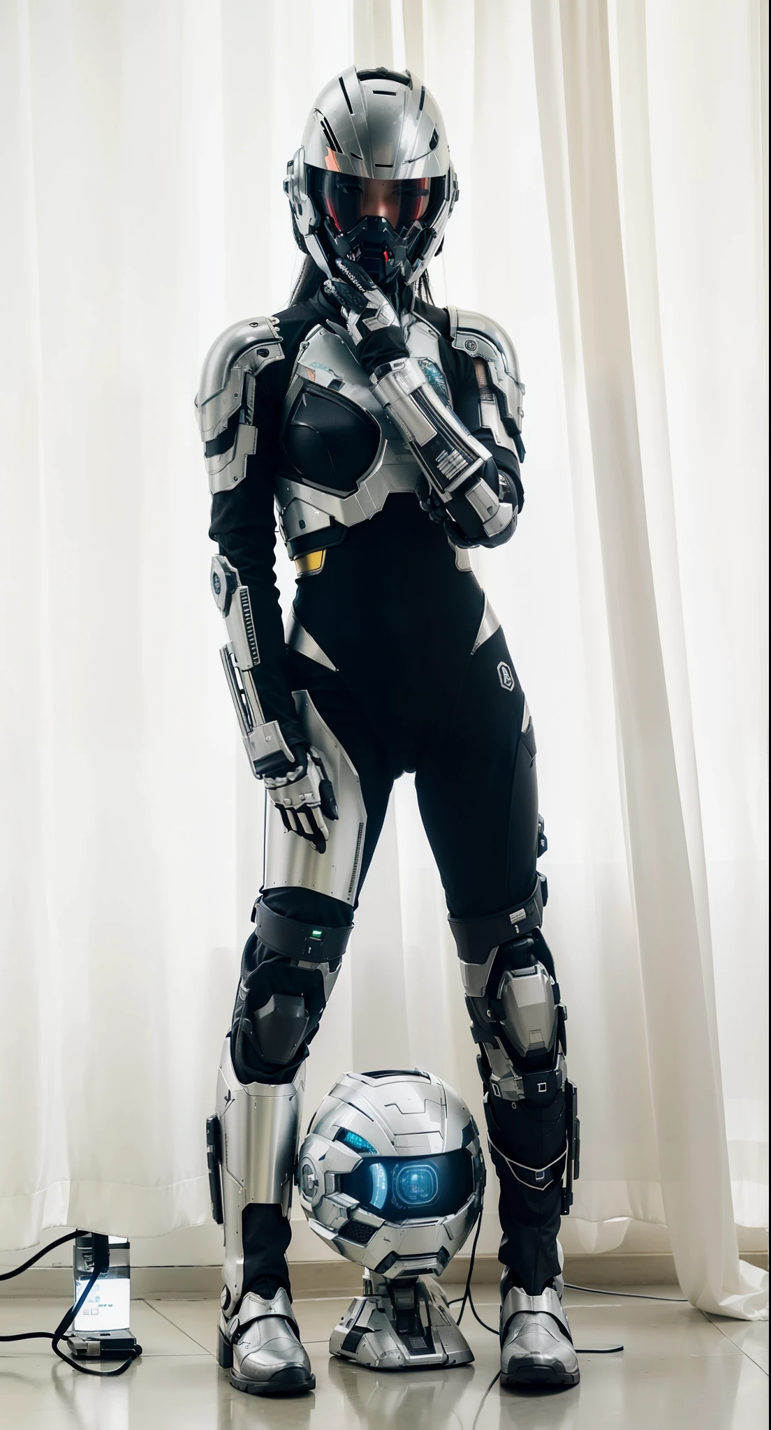 futuristic high tech style,best quality,fairy skin,(every time :1.2),Everlasting,super detailed,actual,high quality,Light,Light线追踪,ultra high definition,upper part of body, Future Iron Man mecha,shooting,Battery,Launching equipment,large caliber artillery,Rostland 8K,Mecha Cyber Armor Girl,Wearing a cyberpunk technology helmet,Star Warframe Helmet,With breathing Light,The armor of the future shines,armed cannon,high-tech armor,helmet,wear gloves,Mechanical boots