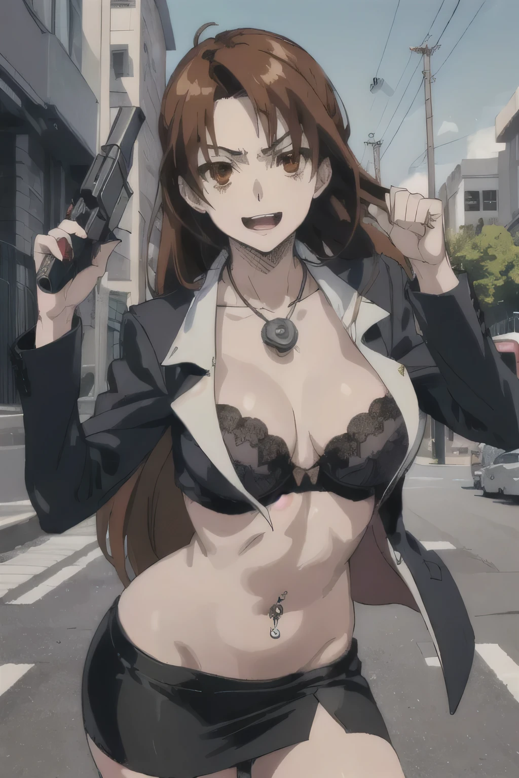 seryuuubiquitous, seryuu ubiquitous, long hair, brown hair, (brown eyes:1.3), medium hair,, 
masterpiece, best quality, highly detailed, a girls with a gun, open mouth, blazer, sexy gaze, (nsfw) not
safe for work, badass pose , evil smile, smile, black bra, anime girl with long hair, long haired girl,
navel, evil expression, exposed belly, exposed navel, exposed midriff, exposed lower belly, micro
miniskirt, micro pencil skirt, pencil skirt ,holding a gun, outdoor,street,road, navel piercing