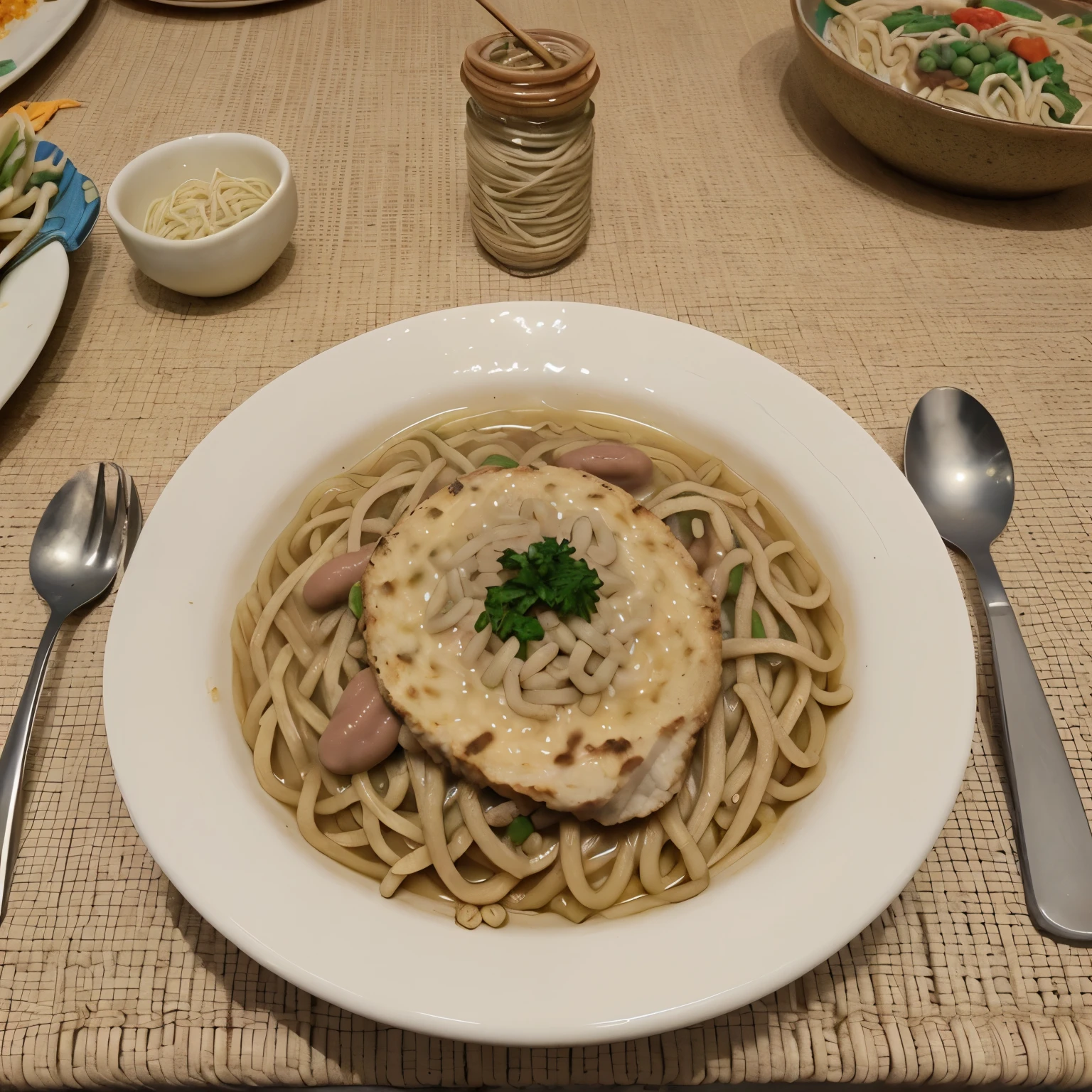 Uma quentinha com arroz, Bean, Noodle, farofa, e frango
