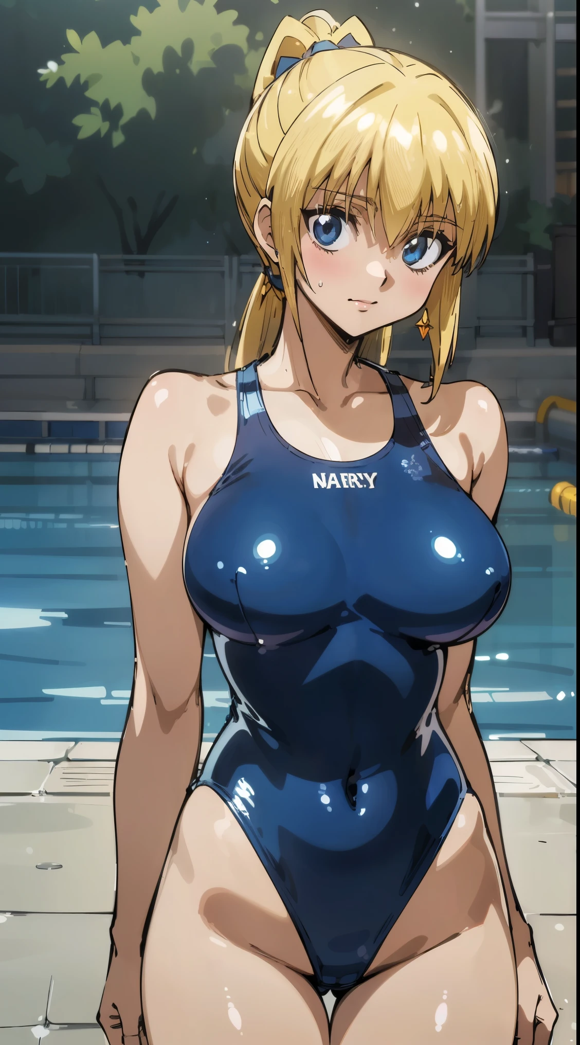 (masterpiece:1.5),very precise details,(Ultra High Resolution:1.4),the Extremely Detailed CG Unity 8K Wallpapers,(Realistic,Photorealsitic,hyper realisitic:1.5),(Curve,Model,Farbe care:1.5),Beautiful breasts,Farbe_aberration,beautiful detailed shadow,Beautiful eyes,Beautiful body,Beautiful skin,beautifull hands,(Aesthetic Anime Eyes:1.4),(Smile:1.4),NSFW,(cowboy shot:1.4),(Navy blue Farbe swimsuit:1.4),(One Piece Swimsuit:1.4), (Light from the front:1.4),the light shines on your face, (1girl in:1.4),(Solo:1.4),(in poolside:1.4),(Ultra-detailed face, Detailed eyes:1.4),(shiny oiled skin: 1.4),milf, 30year old, kurapika, brown eyes, blonde hair, ponytail hair, (long tits:1.2), (huge tits:1.1), (saggy tits:1.2), (big ass:1.1),earrings glossy lips