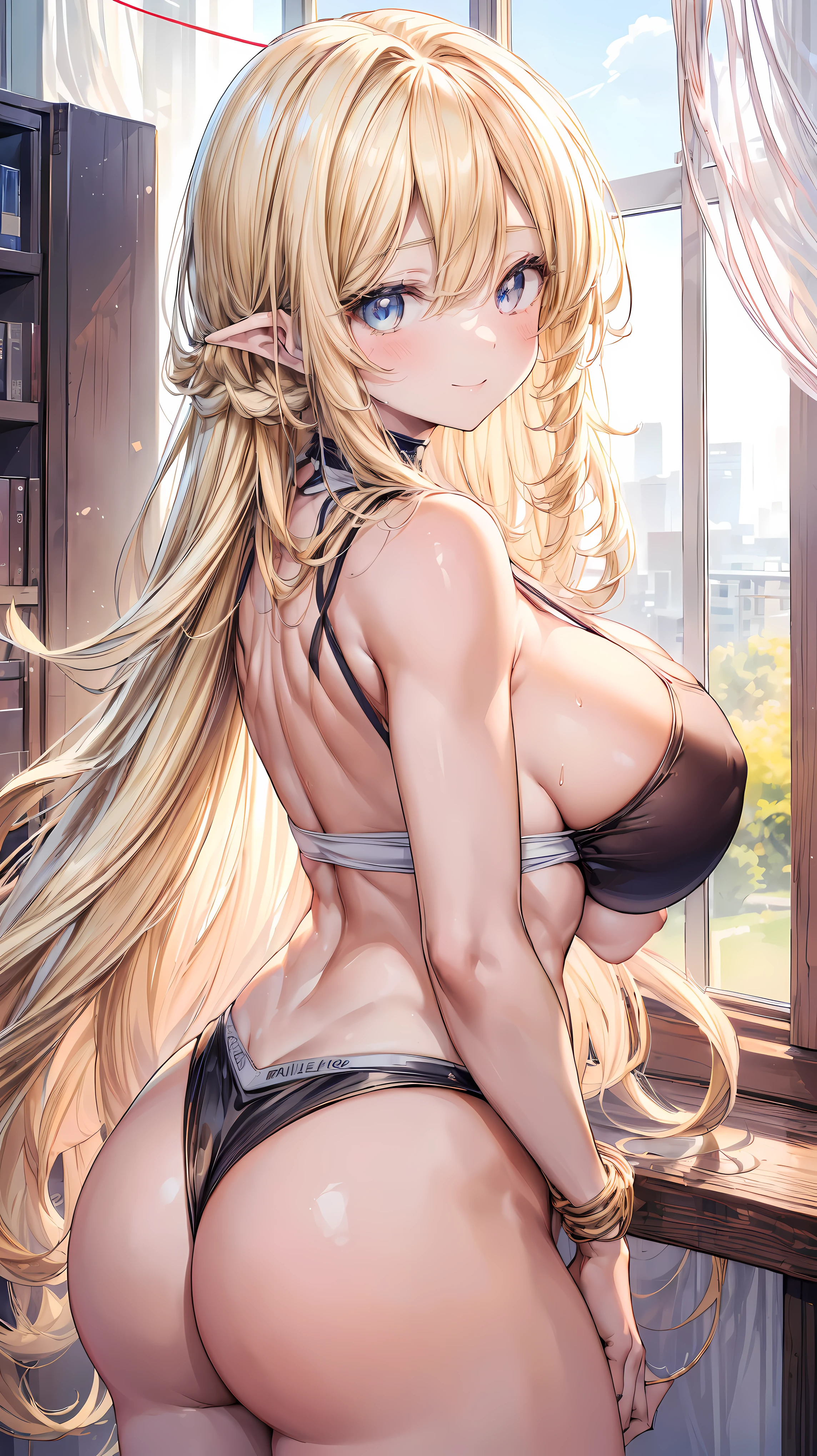 ultra-detailed、sensual, ((long blonde curly hair)), thick thighs, 8K, 4k, highest quality, High resolution:1.2), cute anime face, noise reduction, ((Beautiful eyes that shine, gentle smile, kind eyes))、toned abdominal muscles, muscular arms, muscular legs, young face, anime eyes, (((big breasts、A chest that is about to burst)))、(((bondage style)))、(((Rear view、I'll turn around、emphasize the buttocks、T-back that digs into your butt)))、(((white string:1.5)))