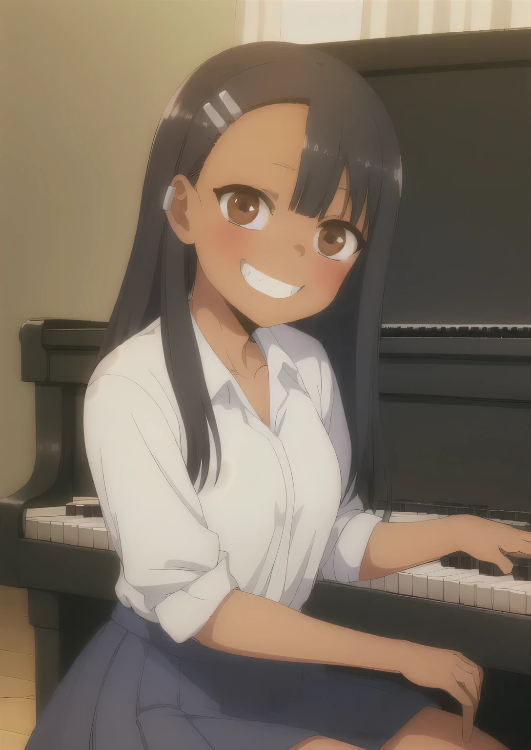 (masterpiece, highest quality:1.2), very detailed, soft ambient lighting, sharp focus, 4k, break 1 girl, alone, nagatoro hayase, hair ornaments, brown eyes, hair clip, black skin, black hair, , white shirt, navy blue skirt, play the piano　Playing the piano keys, looking at the viewer, grin and laugh,