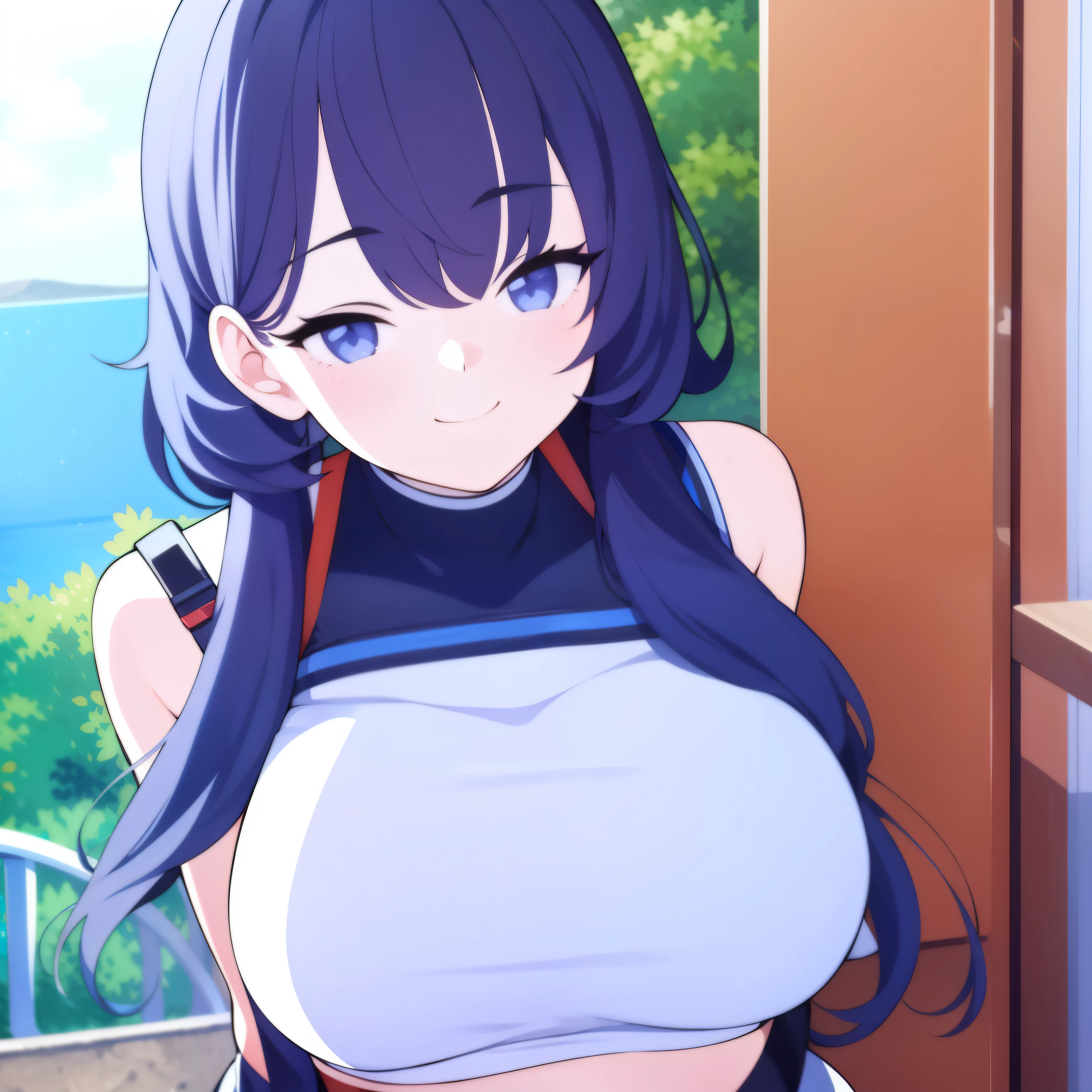 Anime girl with long hair and blue eyes standing in front of a window ...
