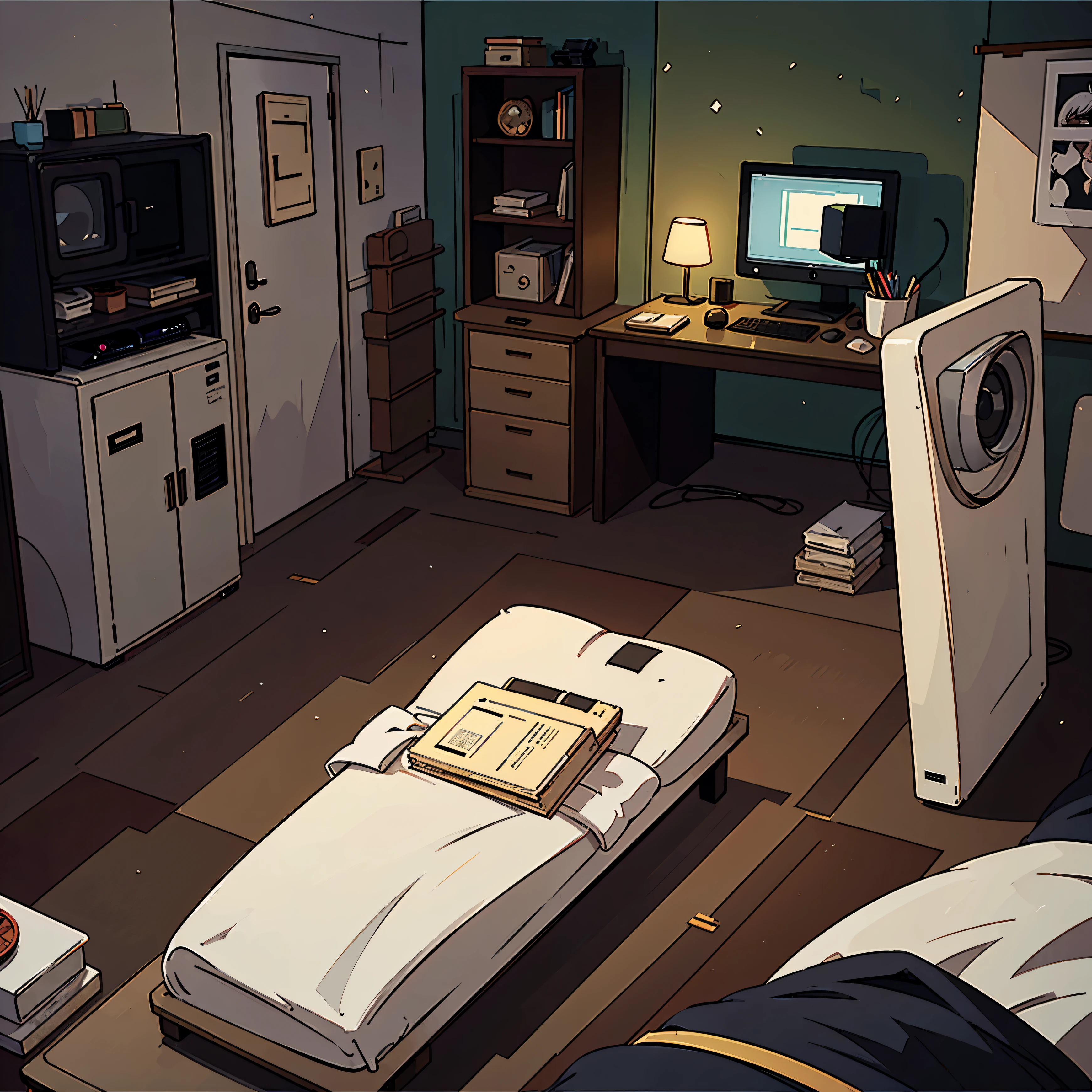 perfect anime illustration, Old Apartment, Sovetskaya Apartment, night, computer turned on, dirty, cheaply, Ultra-fine detail, Accent lighting, dark, Deserted, cool shades