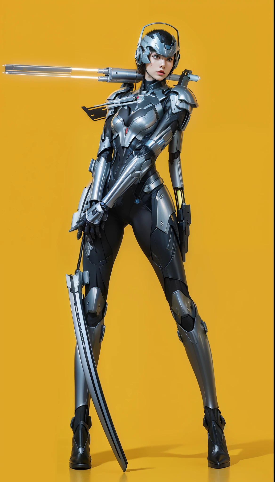 futuristic high tech style,best quality,fairy skin,(every time :1.2),Everlasting,super detailed,actual,high quality,Light,Light线追踪,ultra high definition,upper part of body, Future Iron Man mecha,shooting,Battery,Launching equipment,large caliber artillery,Rostland 8K,Mecha Cyber Armor Girl,Wearing a cyberpunk technology helmet,Star Warframe Helmet,With breathing Light,The armor of the future shines,armed cannon,high-tech armor,helmet,wear gloves,Mechanical boots