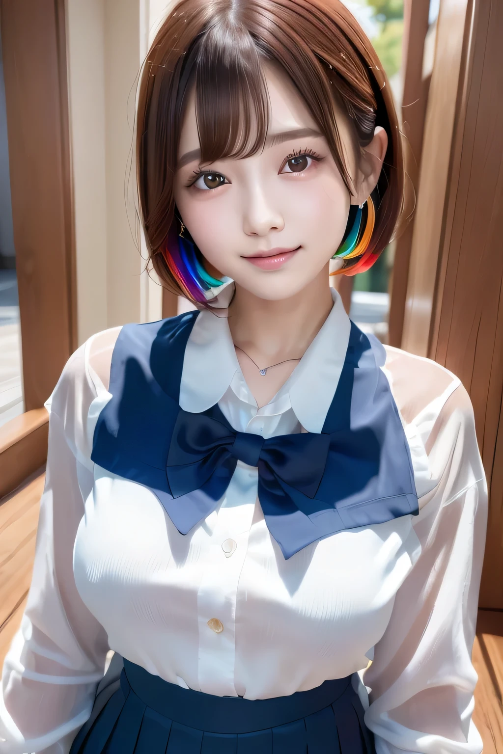 one high school girl、smile、smiling face、blush、((girls school uniform:1.3))、(white shirt、navy blue blazer、ribbon tie、ruffle it on the school stairs))、Look at the audience and smile、big and full breasts、transparent、thin, High school girl emphasizing her chest、Floral、hairpin、necklace、earrings、lean forward、Depth of written boundary、pointed red mouth、reddish brown wet shiny short hair,(((colorful hair nape)))、red mouth,black eye、clavicle、beautiful fingers、hourglass body、full body portrait、stretch your chest and relax、Her sweaty face is cute、digital illustration, (Photoreal:1.3),(Raw photo.), (table top,highest quality,Ultra high resolution output image,) (8K quality,),(Image mode Ultra HD,),(Image mode Ultra HD)、