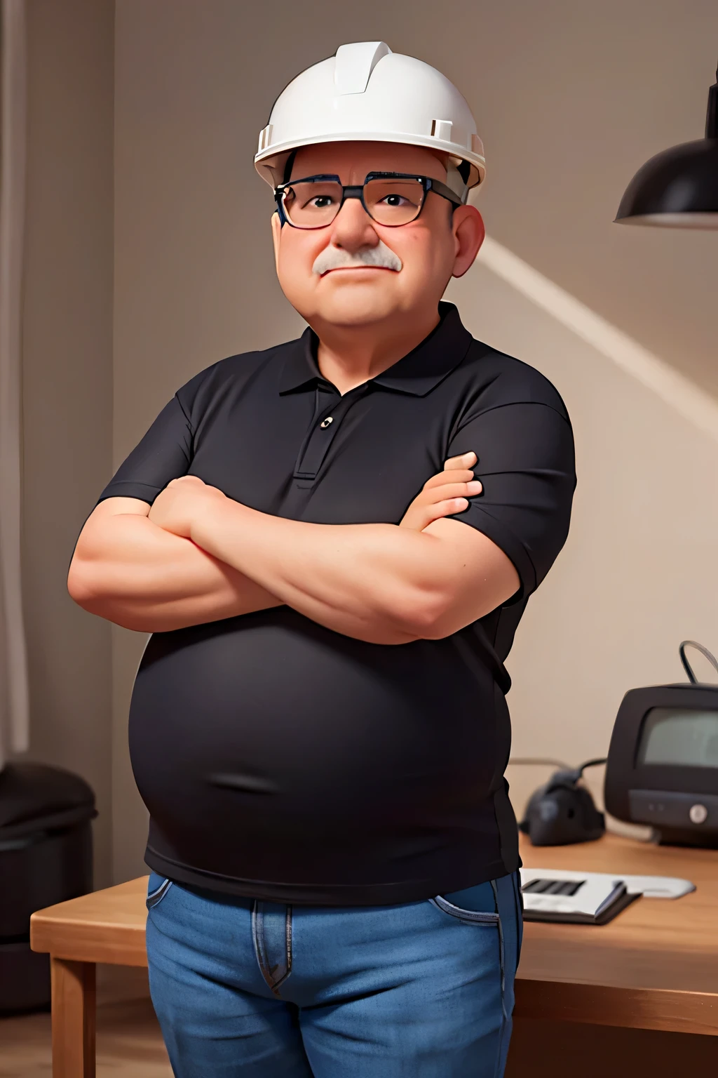 A 65-year-old chubby engineer man does not wear glasses, he is wearing a white protective helmet, a black polo shirt with his arms crossed