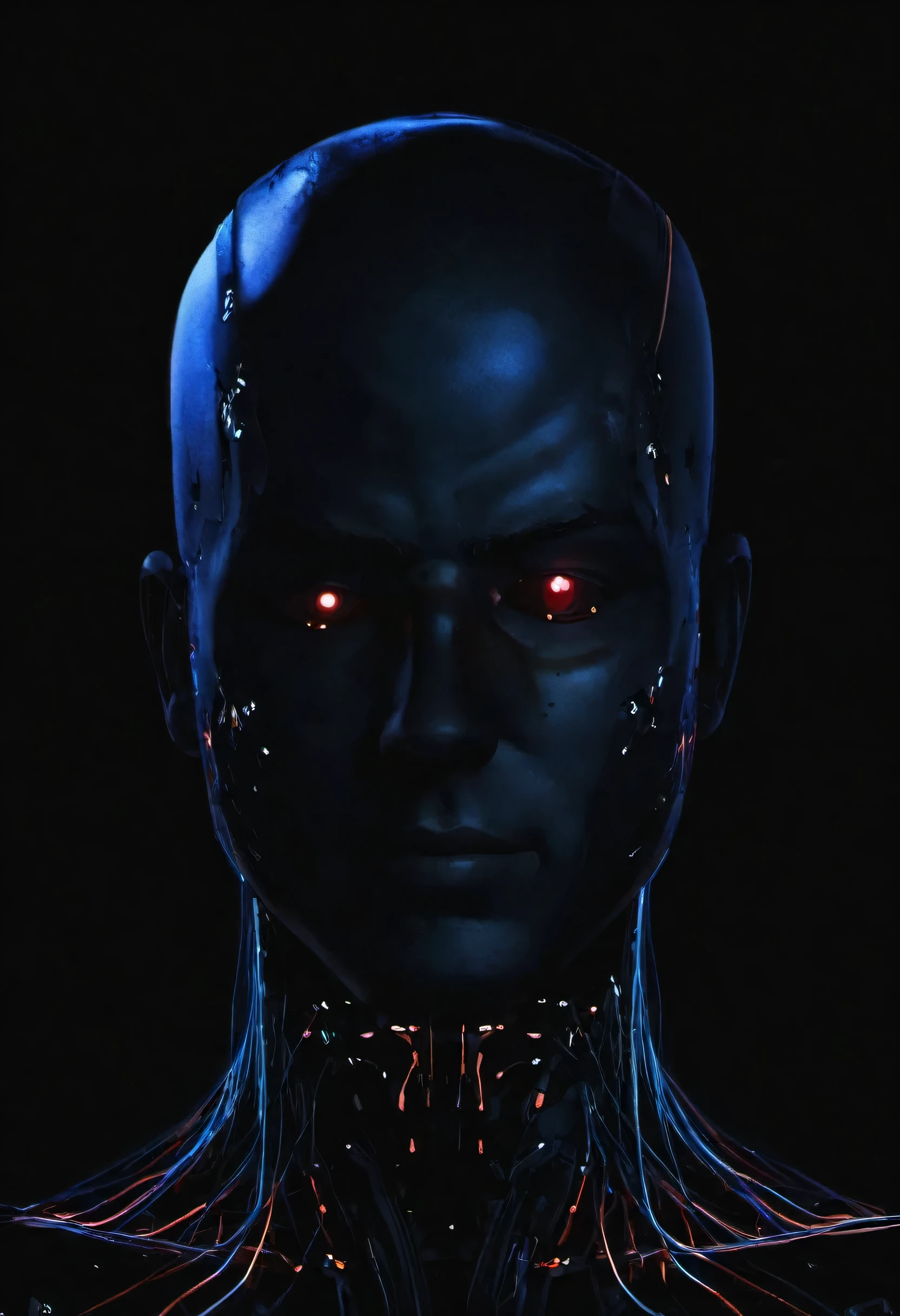 homem de anime com um comportamento sombrio e taciturno, com olhos vermelhos brilhantes e um sorriso malicioso, hack a powerful computer system with visible electrical currents flowing through your body, enquanto sombras sinistras o cercam, (sinistro:1.2), (Dark, moody lighting), (atmosfera sinistra), (Contrast between Light and Dark)