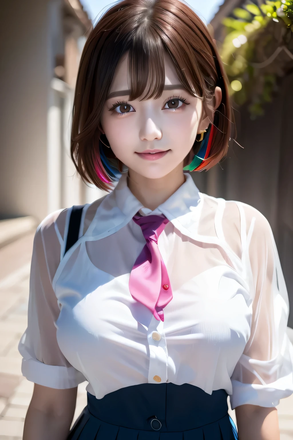 one high school girl、smile、smiling face、blush、((girls school uniform:1.3))、(white shirt、navy blue blazer、ribbon tie、ruffle it on the school stairs))、Look at the audience and smile、big and full breasts、transparent、thin, High school girl emphasizing her chest、Floral、hairpin、necklace、earrings、lean forward、Depth of written boundary、pointed red mouth、reddish brown wet shiny short hair,(((colorful hair nape)))、red mouth,black eye、clavicle、beautiful fingers、hourglass body、full body portrait、stretch your chest and relax、Her sweaty face is cute、digital illustration, (Photoreal:1.3),(Raw photo.), (table top,highest quality,Ultra high resolution output image,) (8K quality,),(Image mode Ultra HD,),(Image mode Ultra HD)、