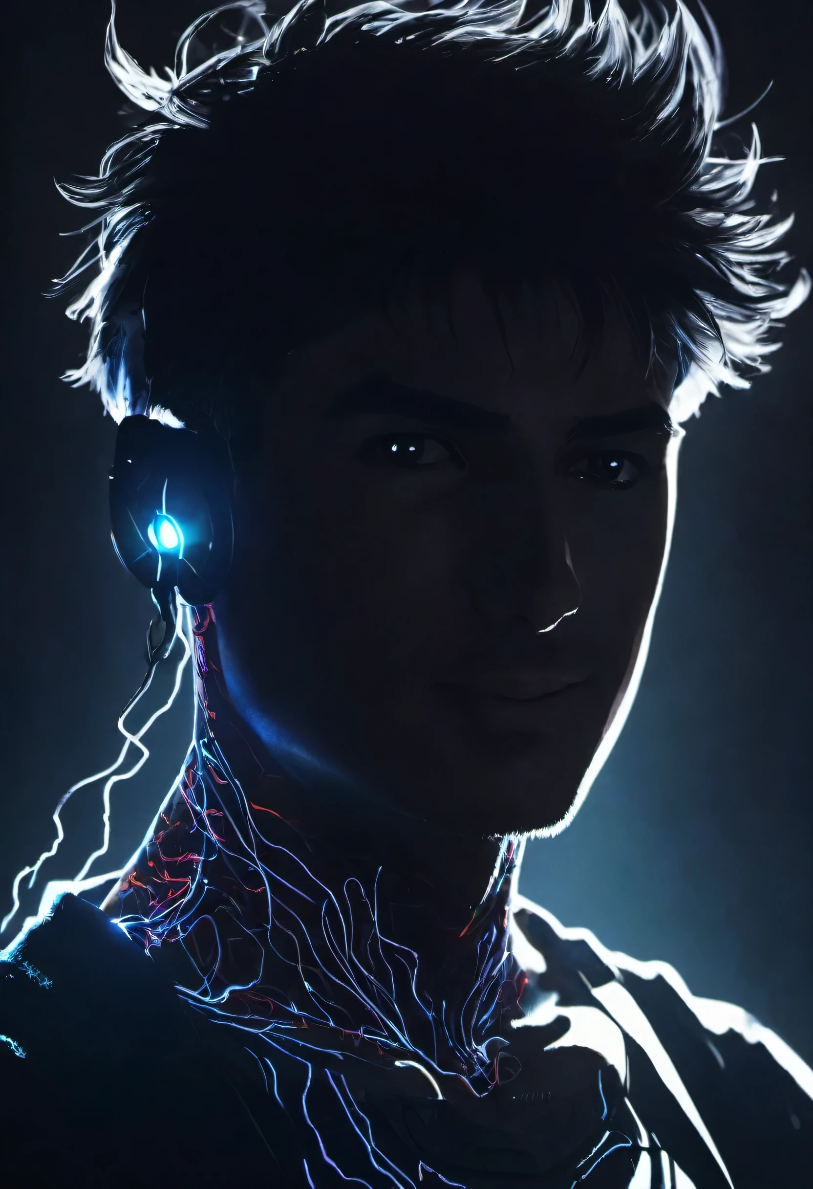 homem de anime com um comportamento sombrio e taciturno, com olhos vermelhos brilhantes e um sorriso malicioso, hack a powerful computer system with visible electrical currents flowing through your body, enquanto sombras sinistras o cercam, (sinistro:1.2), (Dark, moody lighting), (atmosfera sinistra), (Contrast between Light and Dark)