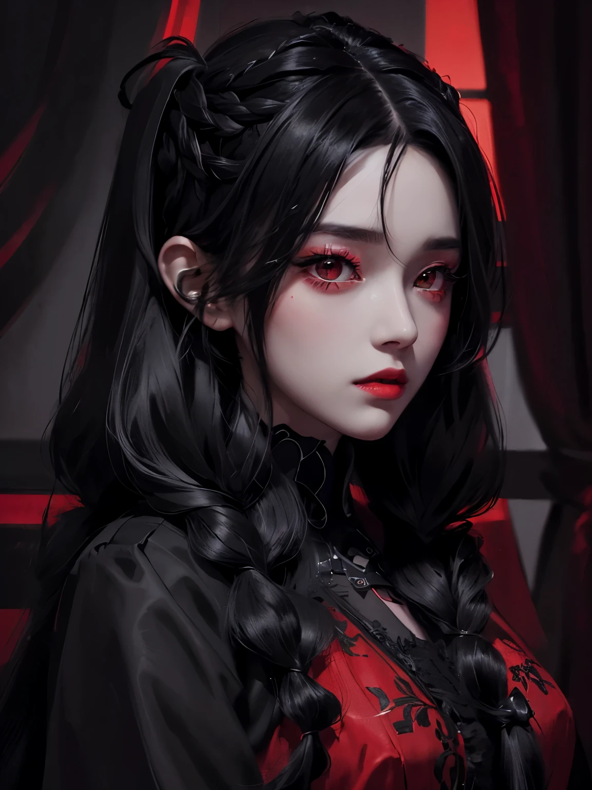 (8k,Ultra detailed,High quality,Best quality),
mandalas, tangled, (Red, black),(Kizi:1.2),Solo,serafuku,Long straight black hair,(Horror),(Gloomy),Blood,amaryllis,skelleton