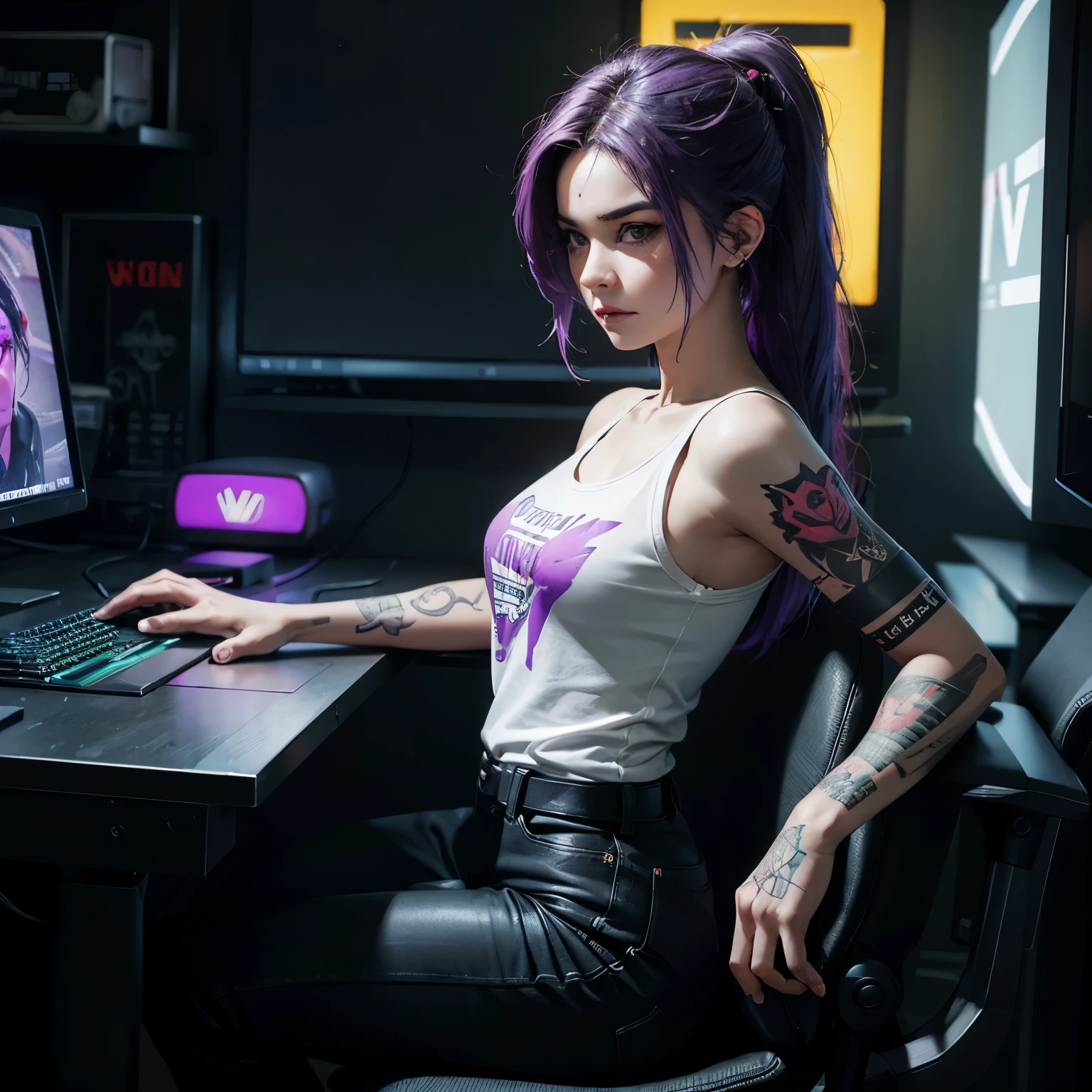 (judy alvarez),1girl, solo,cyberpunk 2027,room background,desk,3 monitor, pc,pants,(from side),(programming),typing on keyboard,monitor light,light on face,green and purple hair,left side of shaved head,neck rose tattoo,small white shirt,tattoo on boob,arms tattoo,left arm 13 tattoo,red spiderweb tatto on right shoulder,eyeshadow,no light in room, darkness, sitting, sit on chair, serious expression,head from side,side head,(((looking at monitor)))