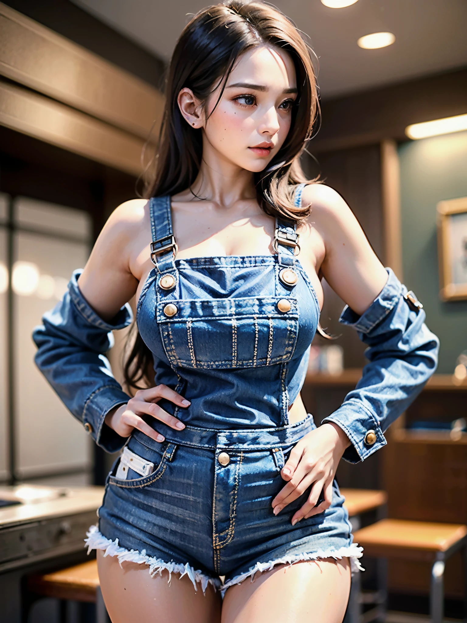((highest quality)),(ultra high resolution),(Super detailed),(detailed description),((best CG)),(best work of art),super precision art,amazing drawing art,(Art with precise details:1.5), (adult women:1.5),(beautiful and well-shaped face:1.5),denim overalls:1.6