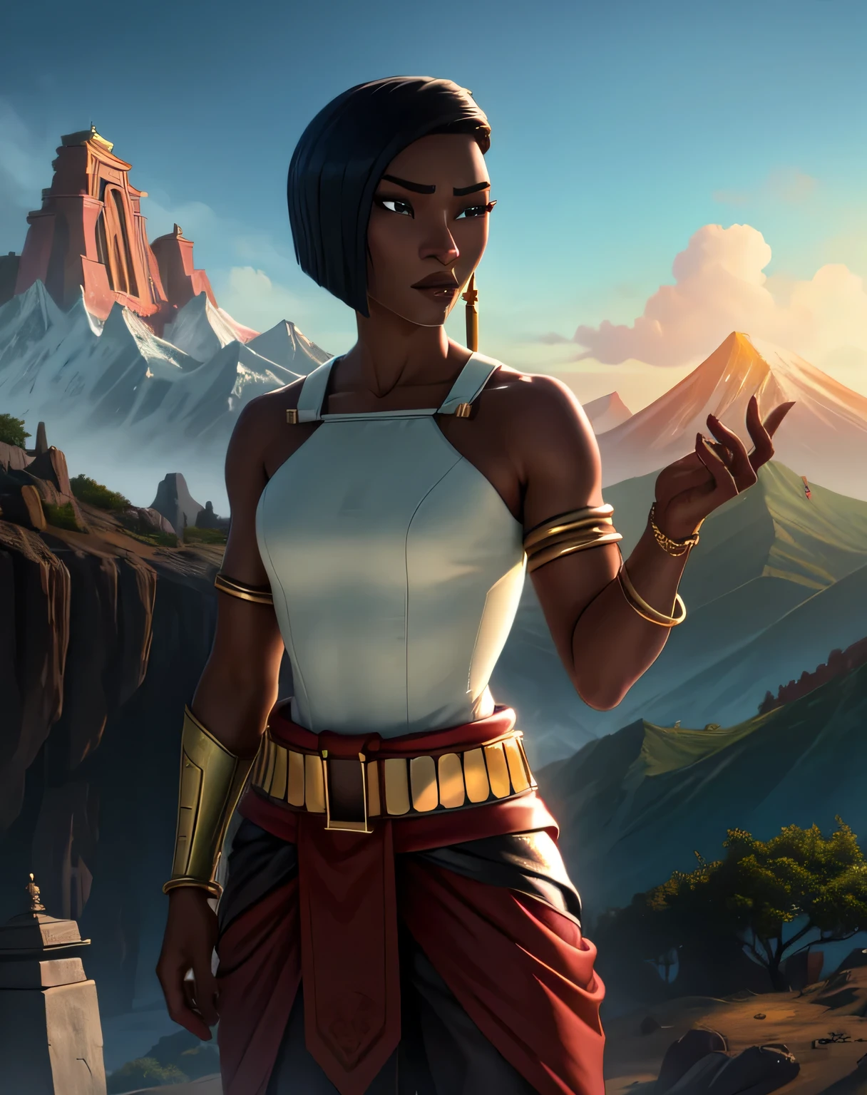 Namaari,short black hair,black eyes,makeup, braid, 
jewelry,earrings,armlet,bare shoulders,gloves,pants,white top,belt,
standing,serious,upper body,
asian temple,mountains,clouds,
(insanely detailed, beautiful detailed face, masterpiece, best quality) cinematic lighting,<lora:Namaari-10v7TL:0.7>,