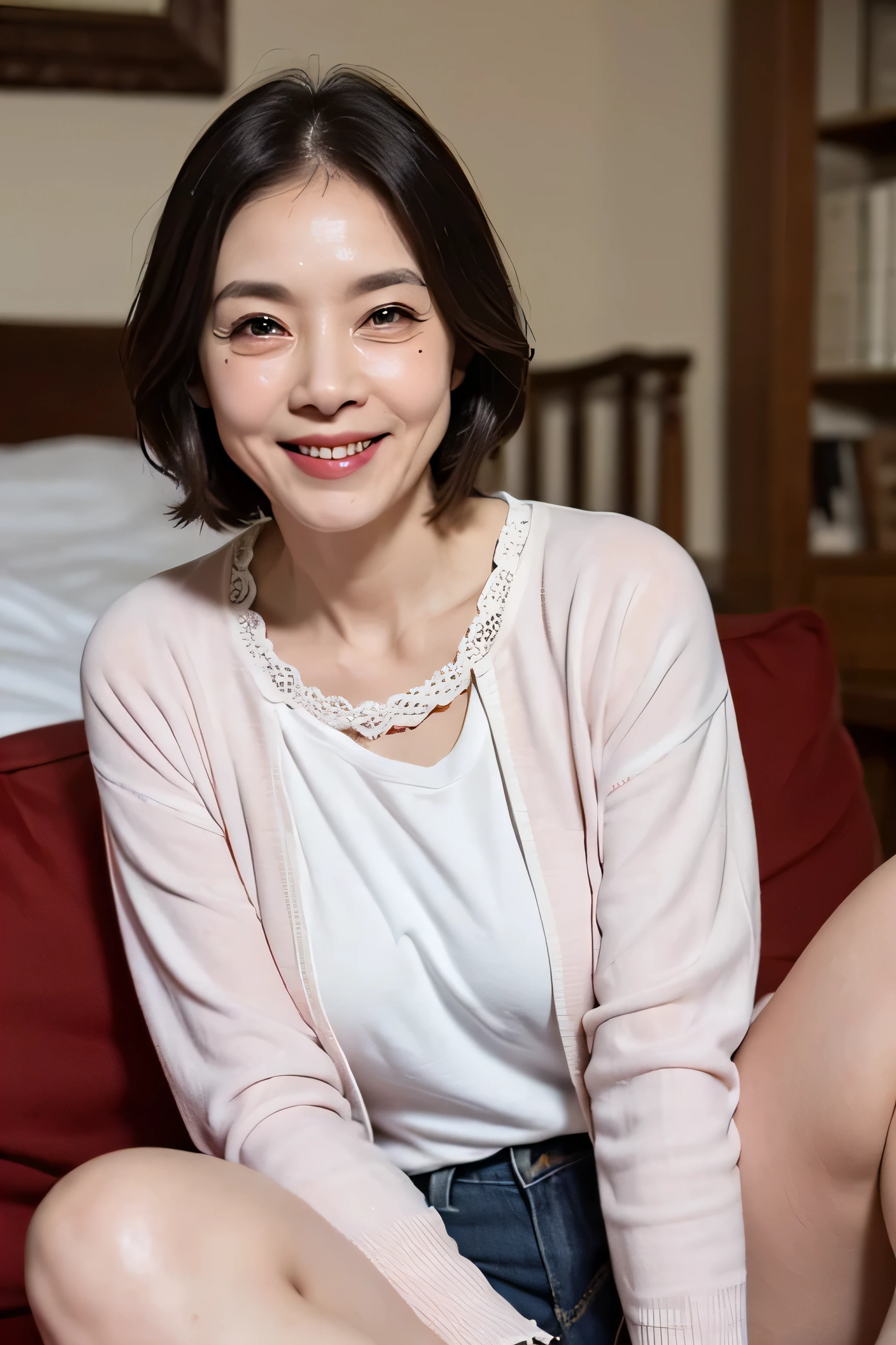 60 year old woman、(((facial wrinkles:1.2)))、beautiful woman、smile、spread legs、cute clothes,
