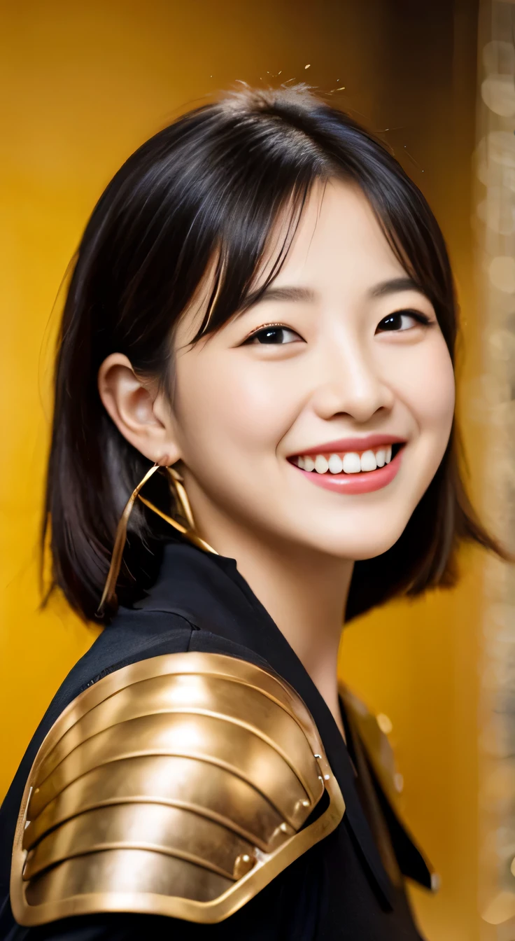 A neat and beautiful woman wearing armor、black hair、ear piercing、smile、beautiful teeth、Background is the association