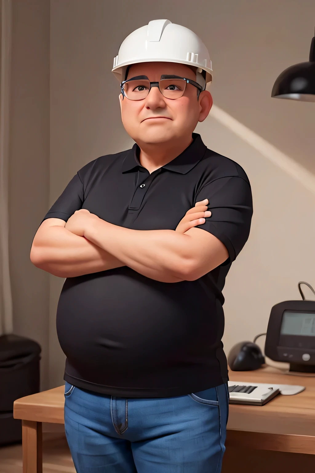 A chubby 65 year old engineer does not wear glasses, he wears a white protective helmet, a black polo shirt he is using a notebook