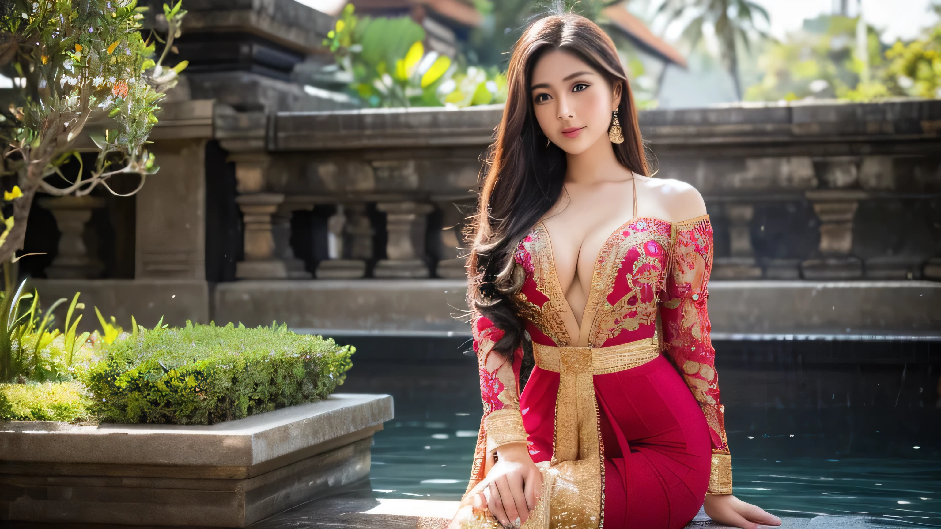 masterpiece, ultra realistic,32k,intricate details, sharp focus, realistic, closed, seductive pose, black eyes, jewelr, lips, realistic, looking_at_viewer, irene1, wet skin, shiny skin, long sleeves, indonesian clothes, bali, balinese, cityscape, dynamic pose, red kebaya,full body,busty body,curvy body,long hair,beauty face,cowboy shot
