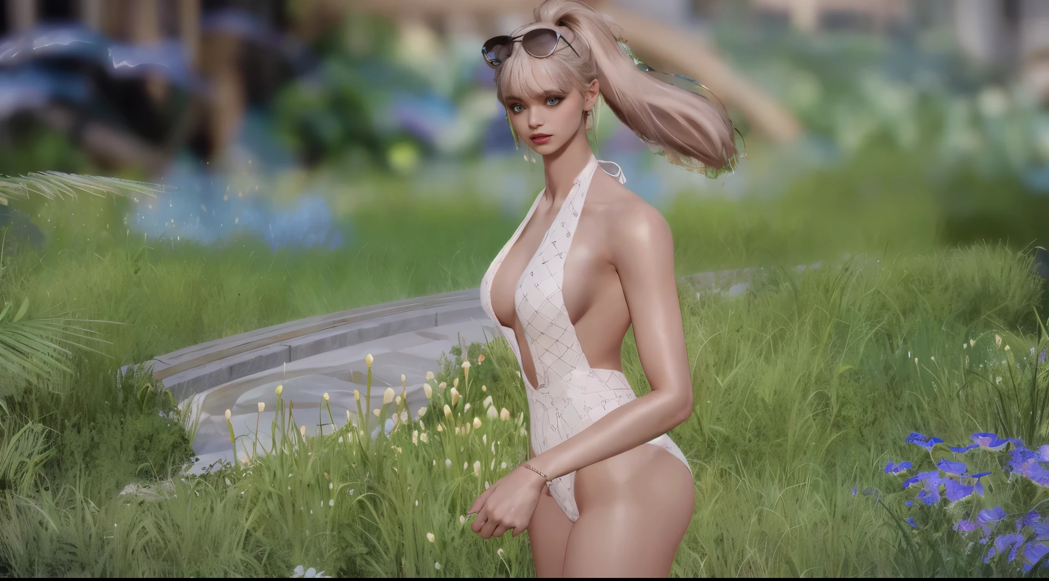 il y a une femme en maillot de bain blanc debout dans un champ, wispy, ethereal tanned skin, Tout le corps:: sunny weather::, a sunny day, peau brillante, ethereal skin, dans l'herbe, in retro swimsuit, elegant pose, pose de profil glamour, dans un champ herbeux, pose lacive, lisser _ L'background