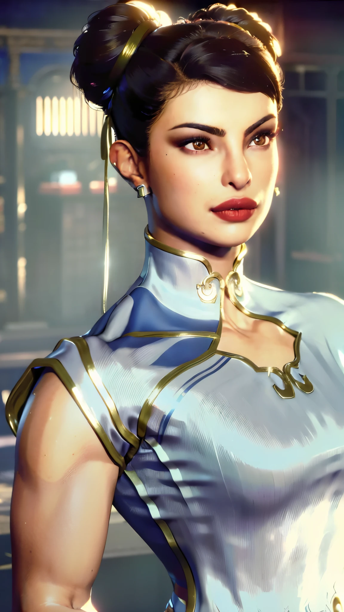 realistic, Priyanka Chopra, realism, photorealism, photo-realistic, high contrast, (photorealistic:1.4), 8k high definition detailed realistic, (best quality, masterpiece:1.2),  photon mapping, radiosity, physically-based rendering, best quality, highly detailed, 1girl, sfchunli, indoor, room light,  standing,