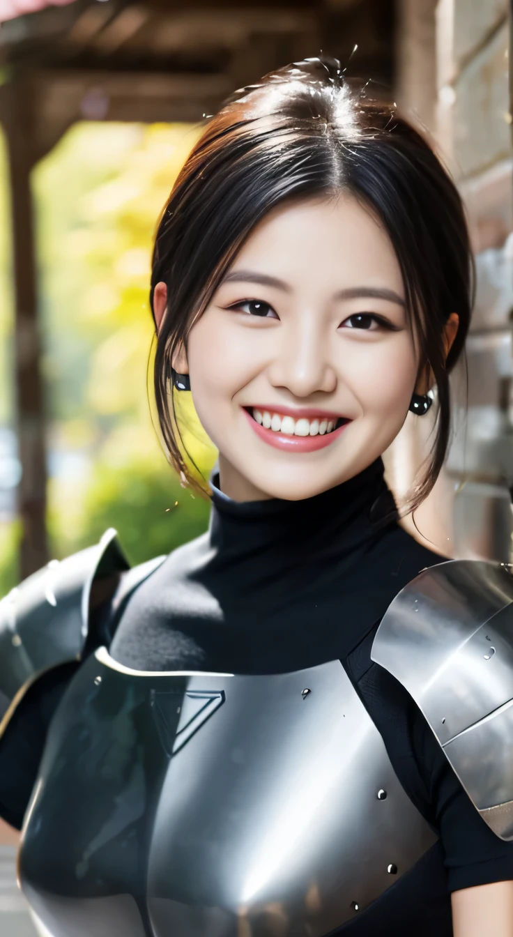 A neat and beautiful woman wearing armor、black hair、ear piercing、smile、beautiful teeth、Background is the association
