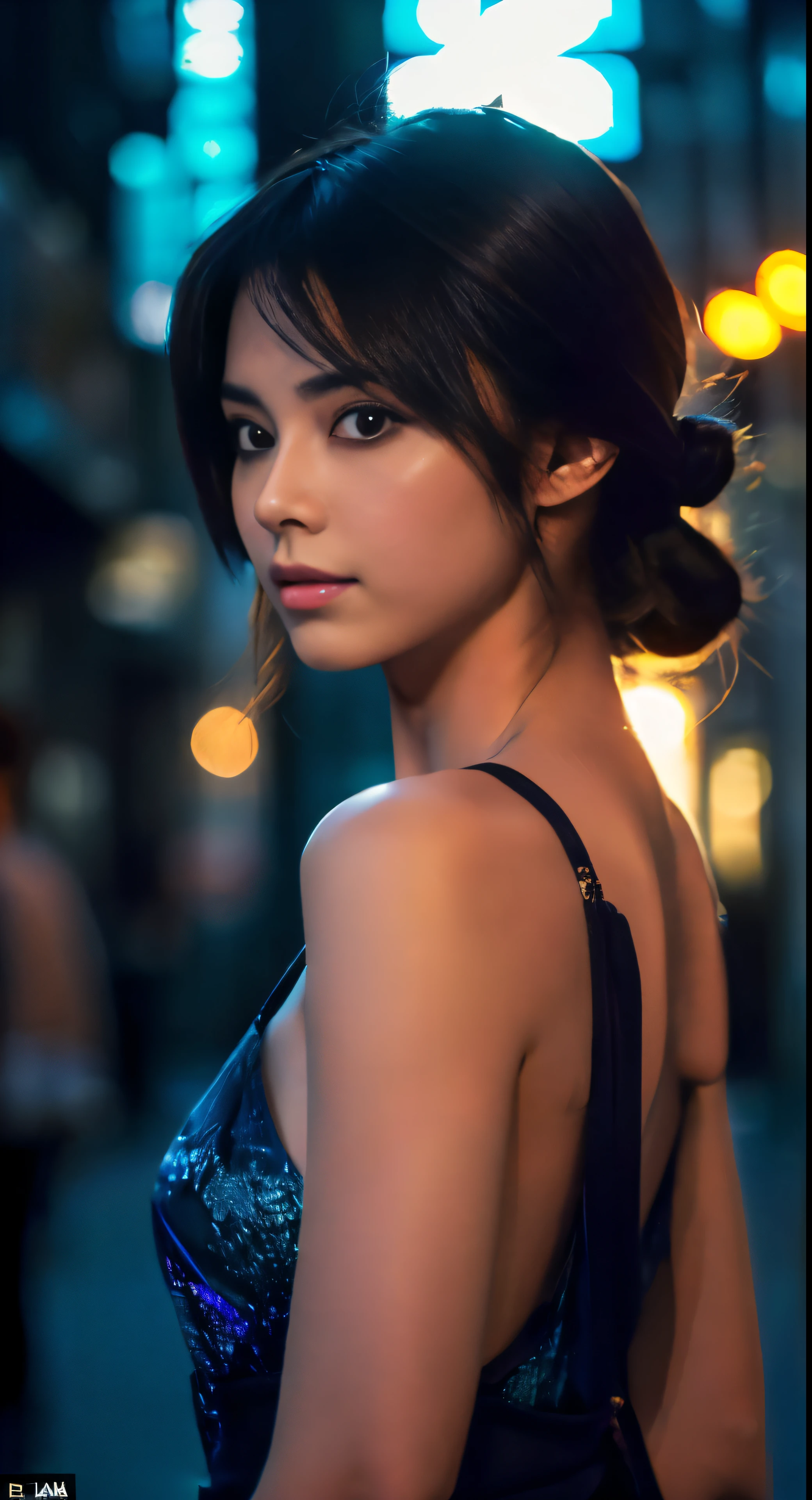 (backlighting,navel:1.1,black hair),A beautiful woman wearing  on the bustling streets of Gintama, surrounded by vendors, beautiful portrait of a stunning goddess girl, beautiful detailed face, porcelain skin, half body shot, centered,((moonlight,night,big neons,strong neon lighting,rim lighting,two tone lighting))),