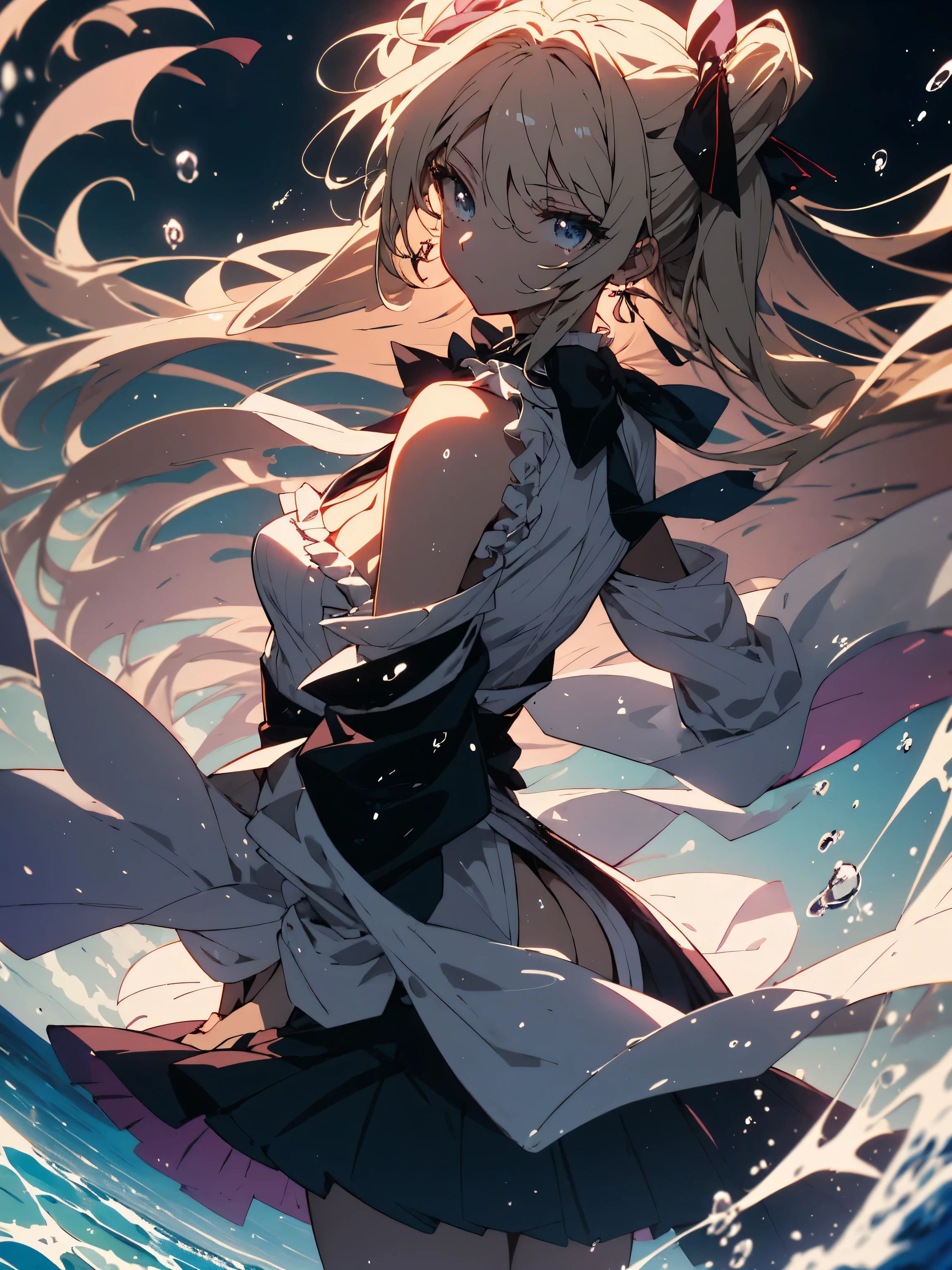 NSFW,((masterpiece)),(((highest quality))),((Super detailed)),((((Anime-like)))),((messy hair)),((frills)),(1 girl),(alone),be happy、sex from behind, (((butt focus))),,lipstick,dynamic angle,big sleeves,floating,beautiful detailed sky,beautiful fine water,detailed and beautiful eyes,exposed,(fist),No expression,blunt side bangs,hair between eyes,ribbon,A bow tie,button,bare shoulders,(((small breasts))),fine wet clothes,gaping face,pleated skirt,flowers  、beautiful anime