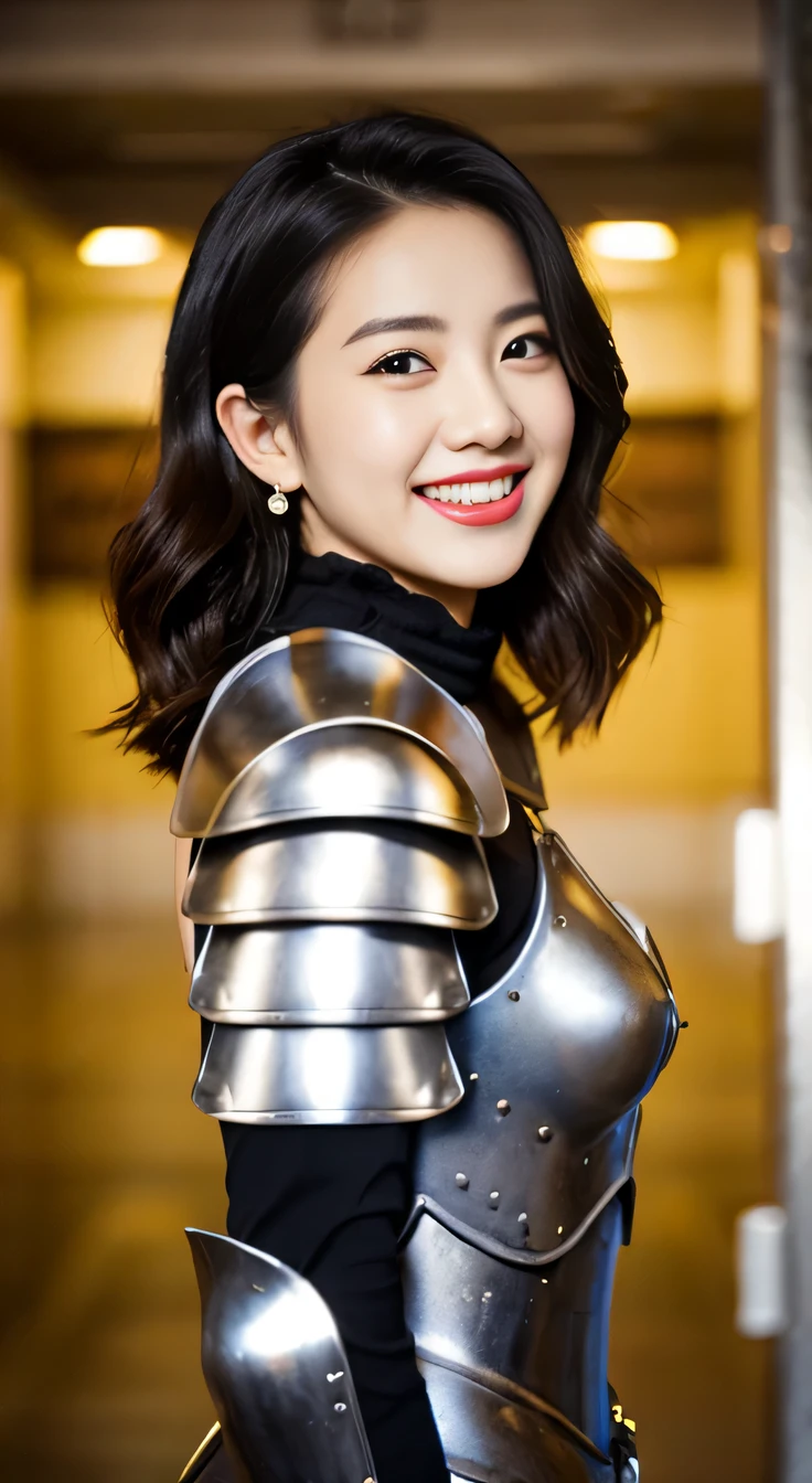 A neat and beautiful woman wearing armor、black hair、ear piercing、smile、beautiful teeth、Background is the association